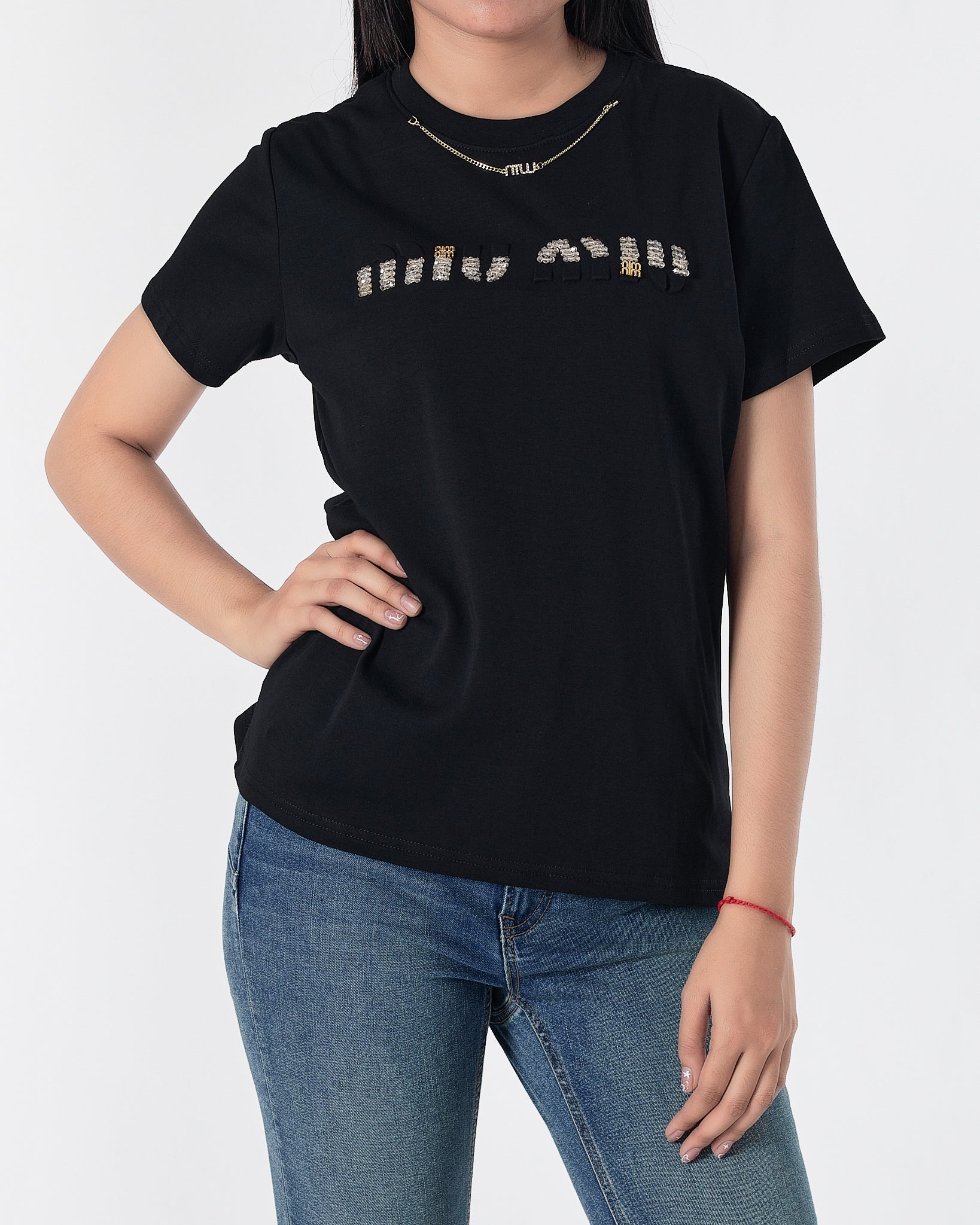 MIU Rhinestone Neck Chain Lady Black T-Shirt 27.90