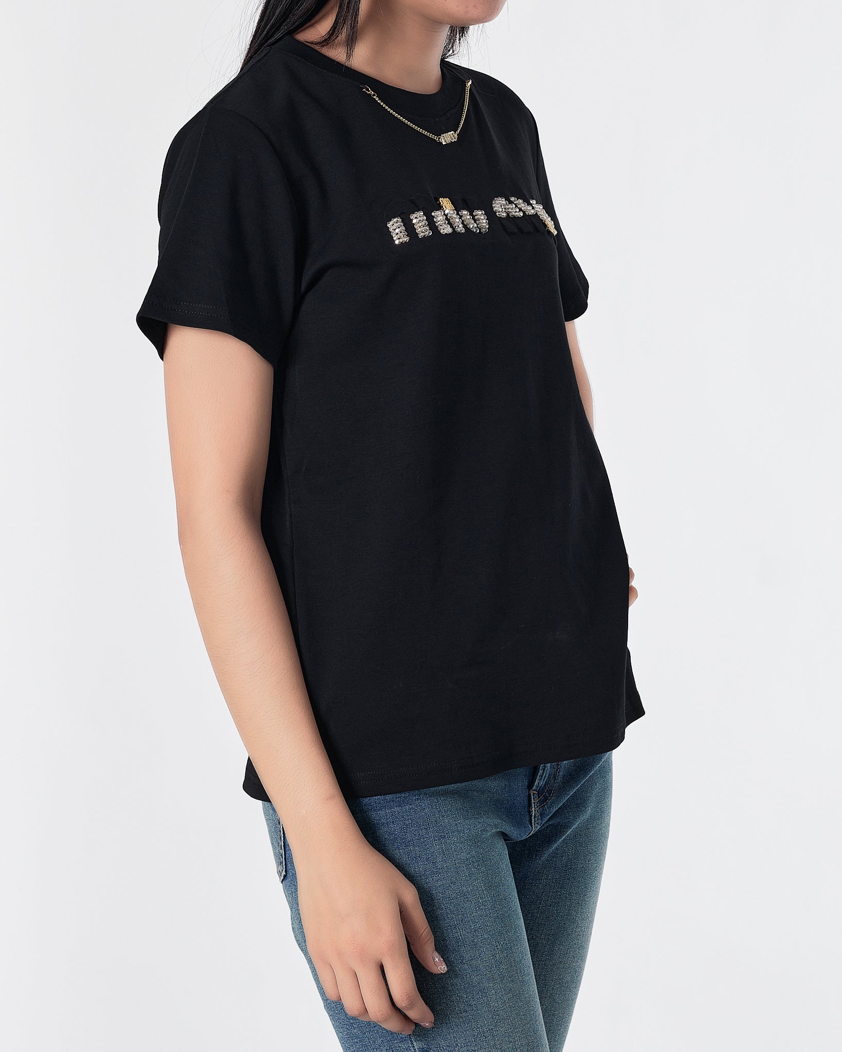 MIU Rhinestone Neck Chain Lady Black T-Shirt 27.90