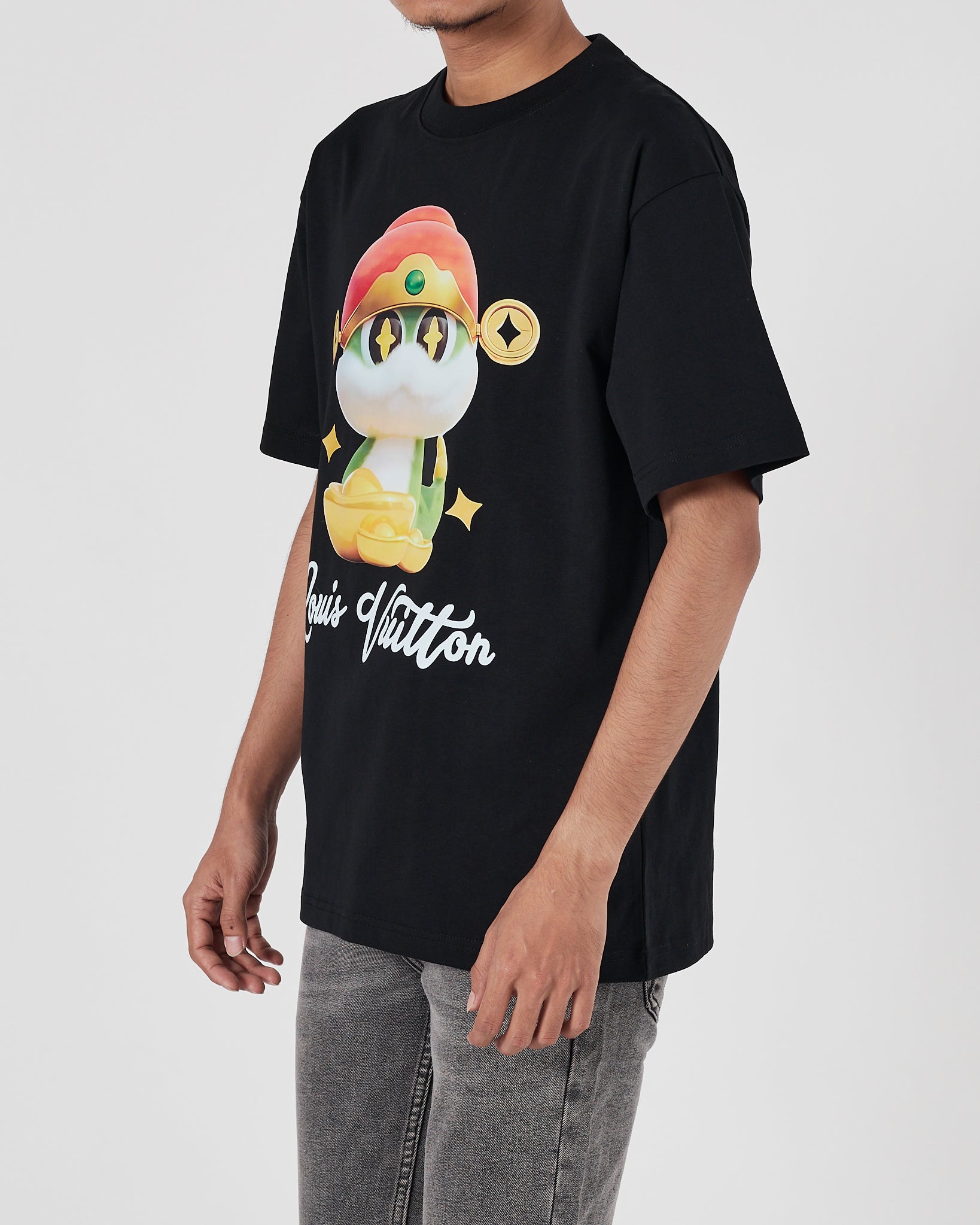 LV Snake Cartoon Printed Men Black T-Shirt 21.90