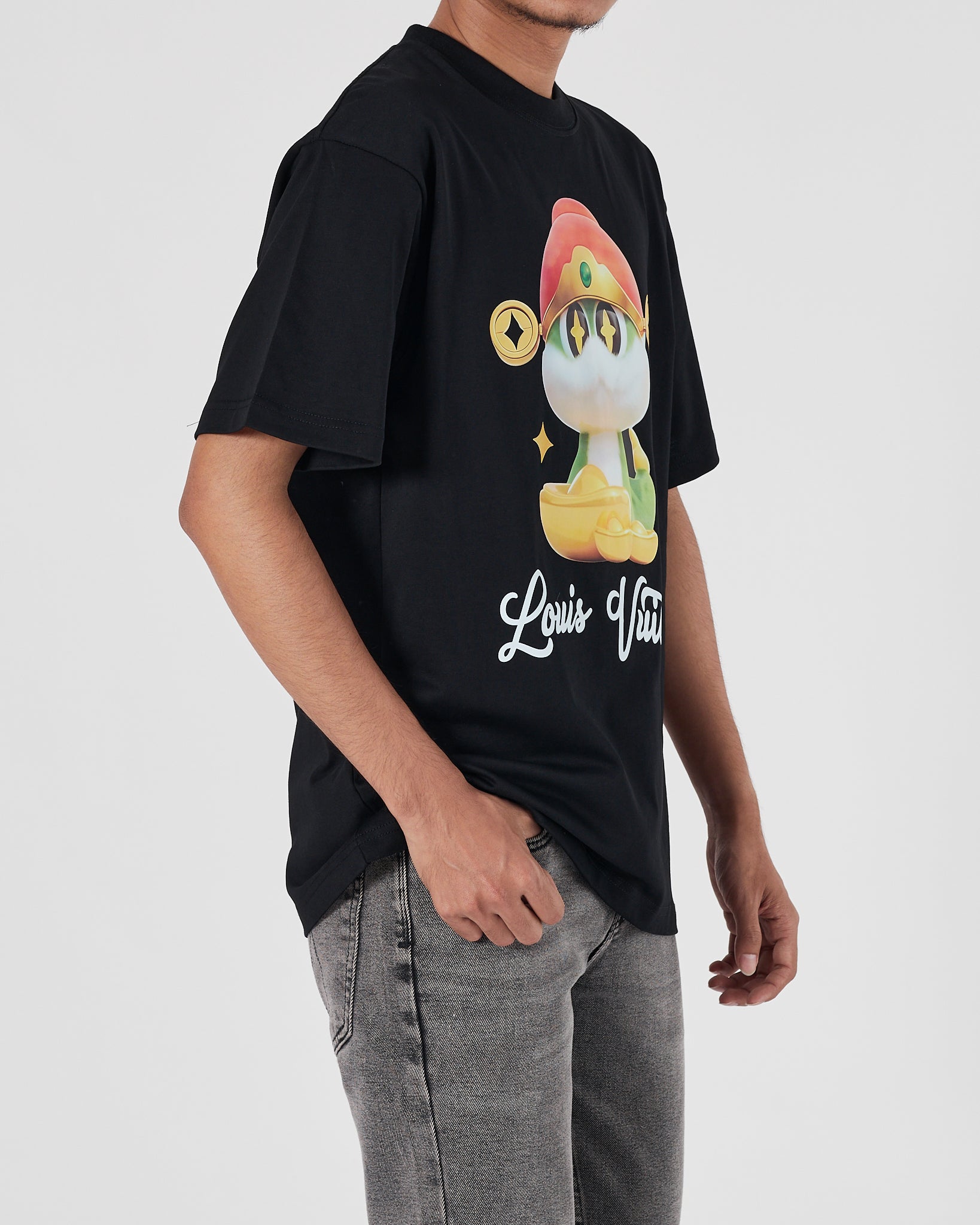 LV Snake Cartoon Printed Men Black T-Shirt 21.90