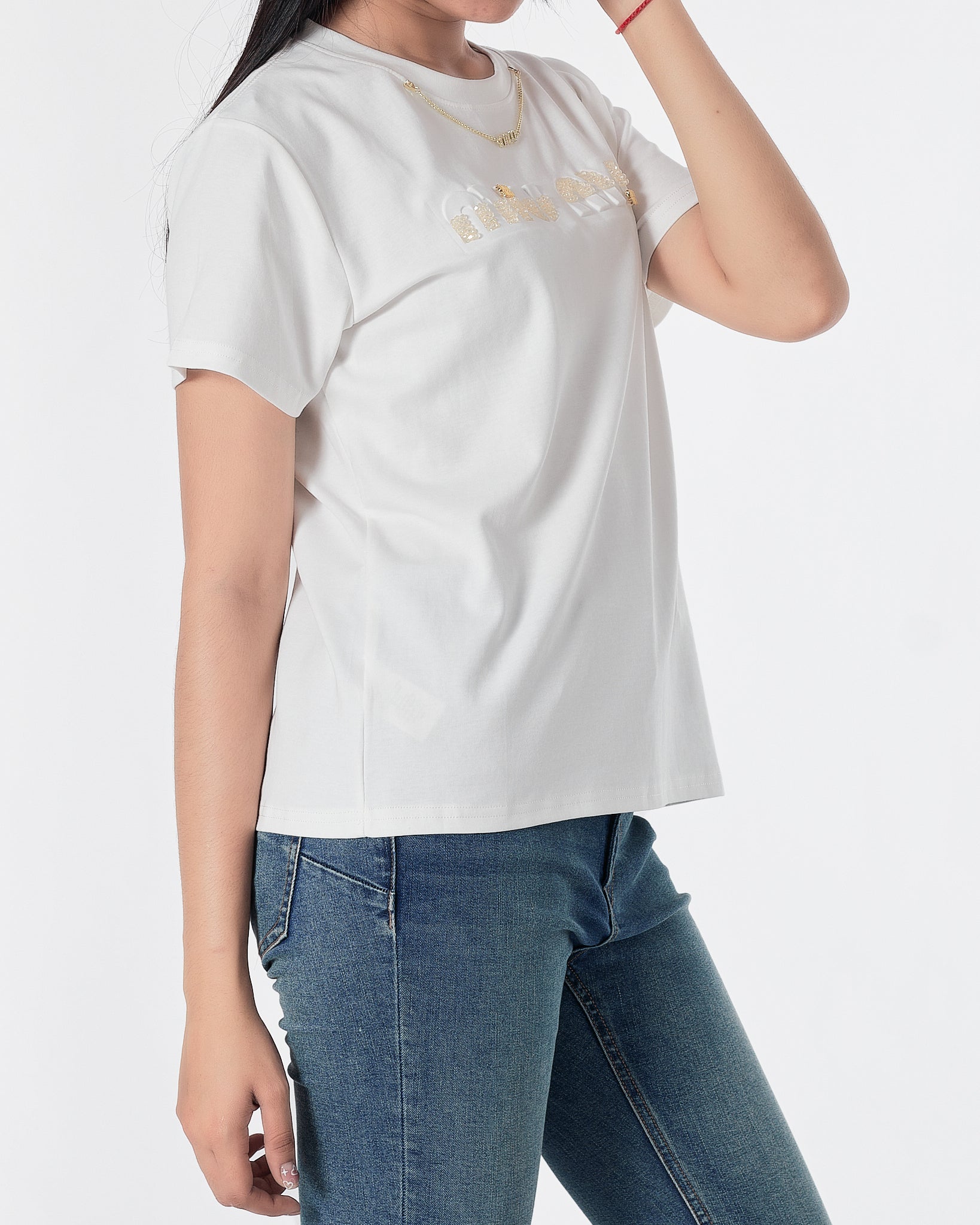 MIU Rhinestone Neck Chain Lady White T-Shirt 27.90