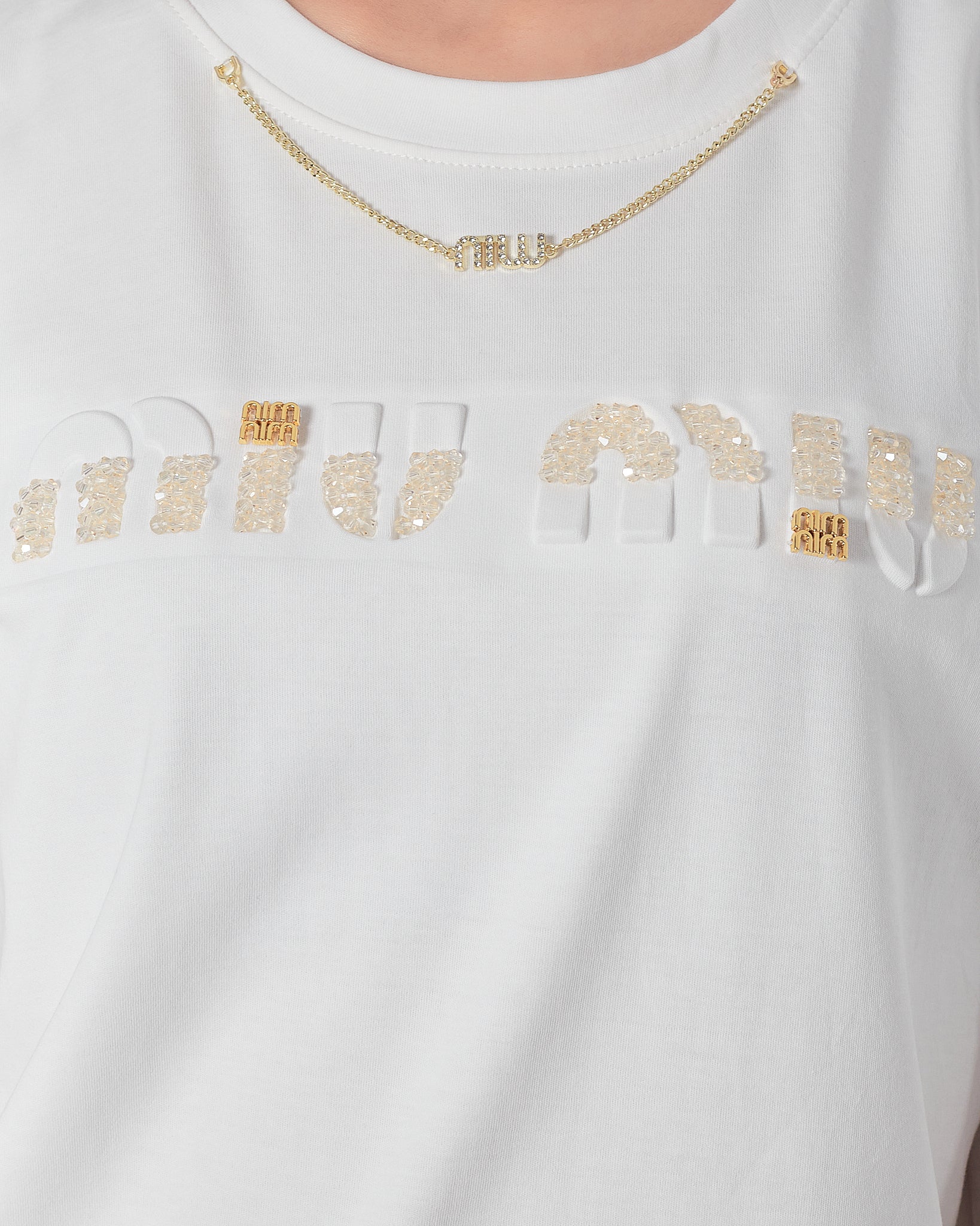 MIU Rhinestone Neck Chain Lady White T-Shirt 27.90