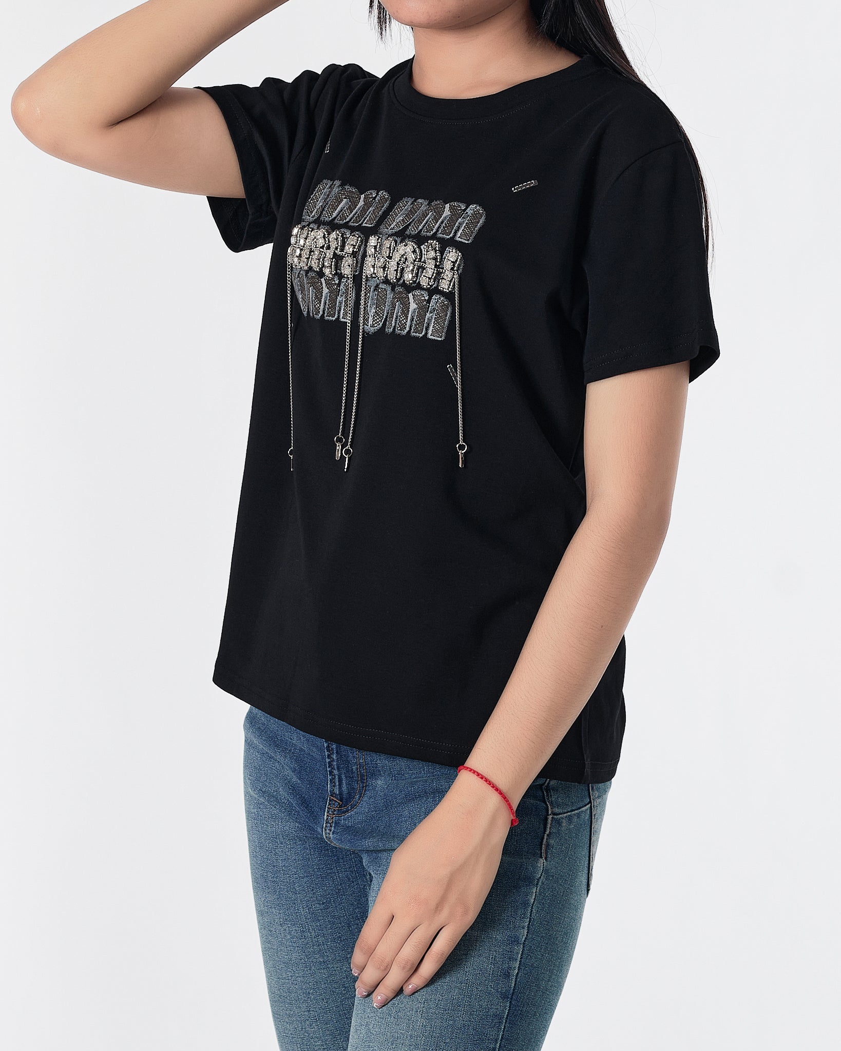 MIU Rhinestone Dripping Chain Lady Black T-Shirt 28.90