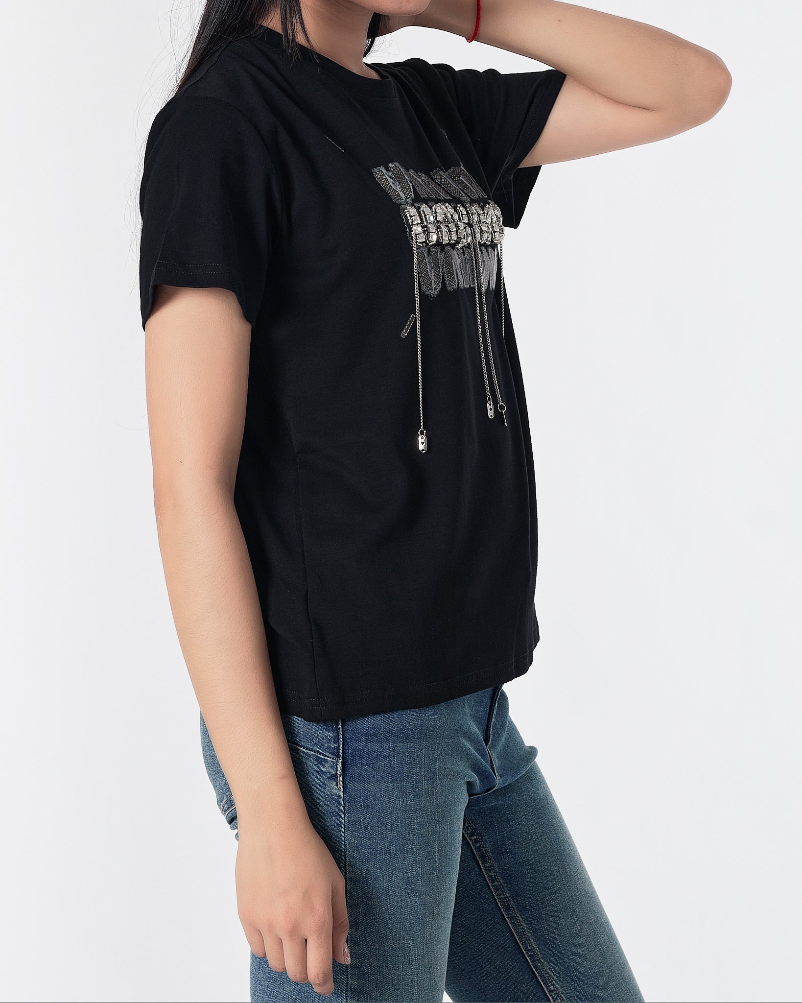 MIU Rhinestone Dripping Chain Lady Black T-Shirt 28.90