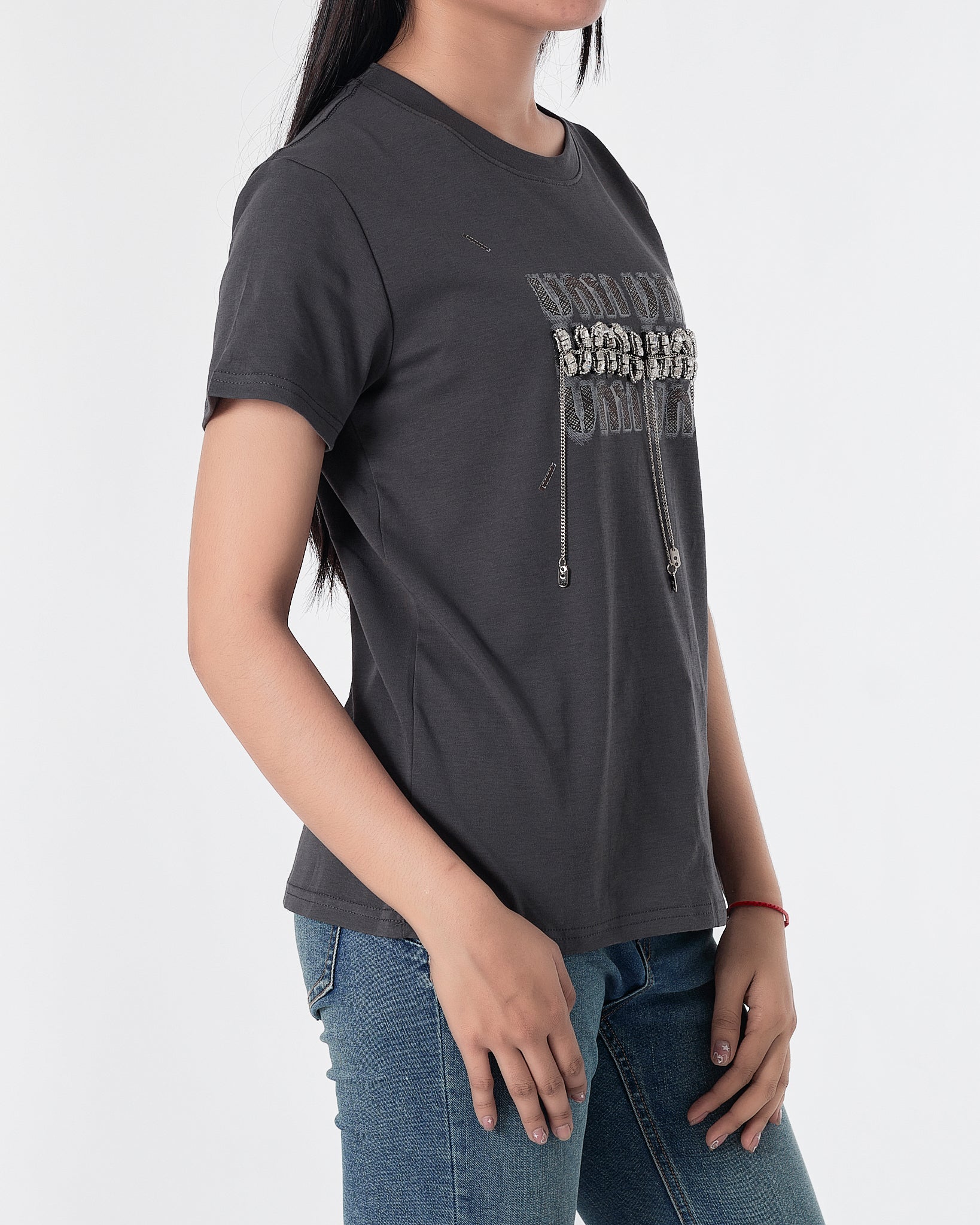 MIU Rhinestone Dripping Chain Lady Grey T-Shirt 28.90