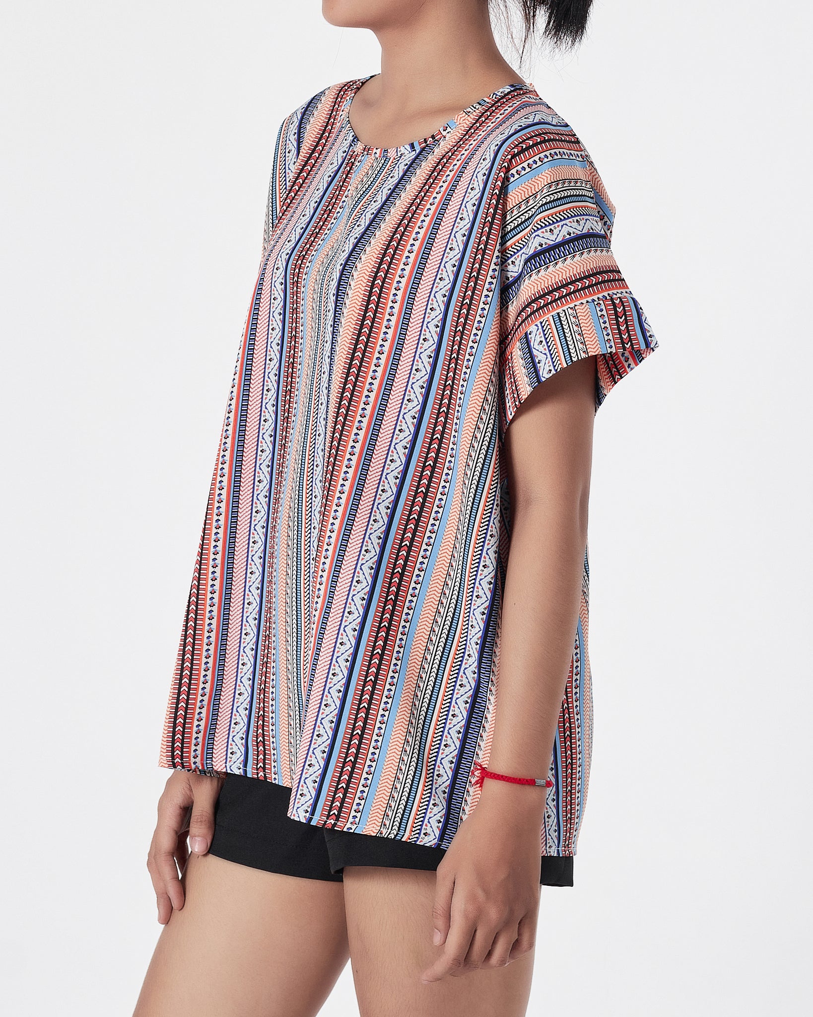 Striped Over Printed Lady Shirts Short Sleeve 12.90
