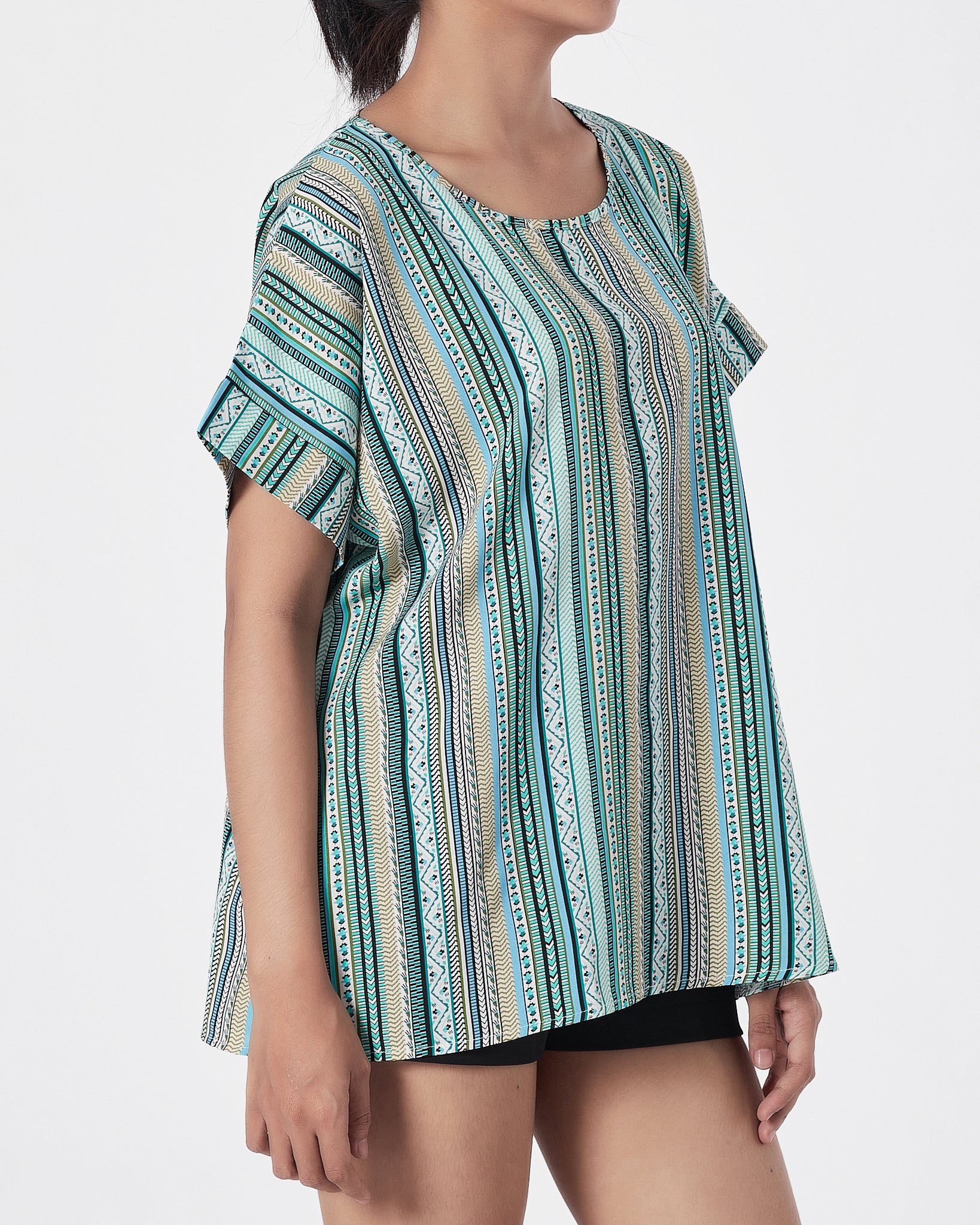 Striped Over Printed Lady Shirts Short Sleeve 12.90