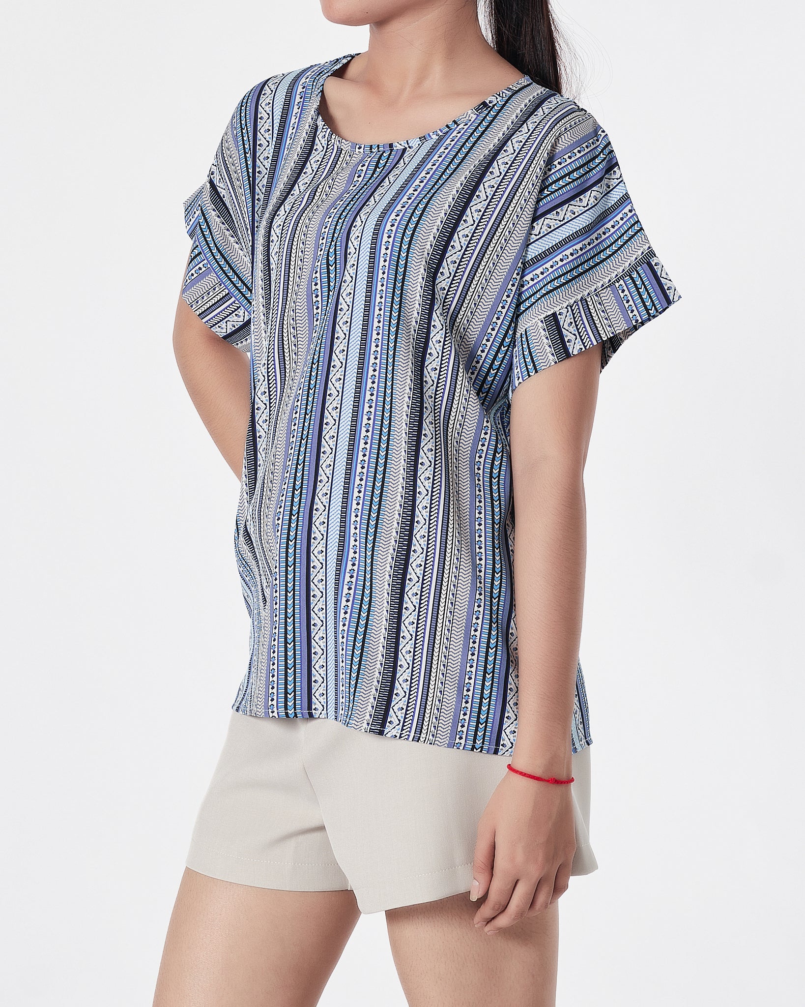 Striped Over Printed Lady Shirts Short Sleeve 12.90
