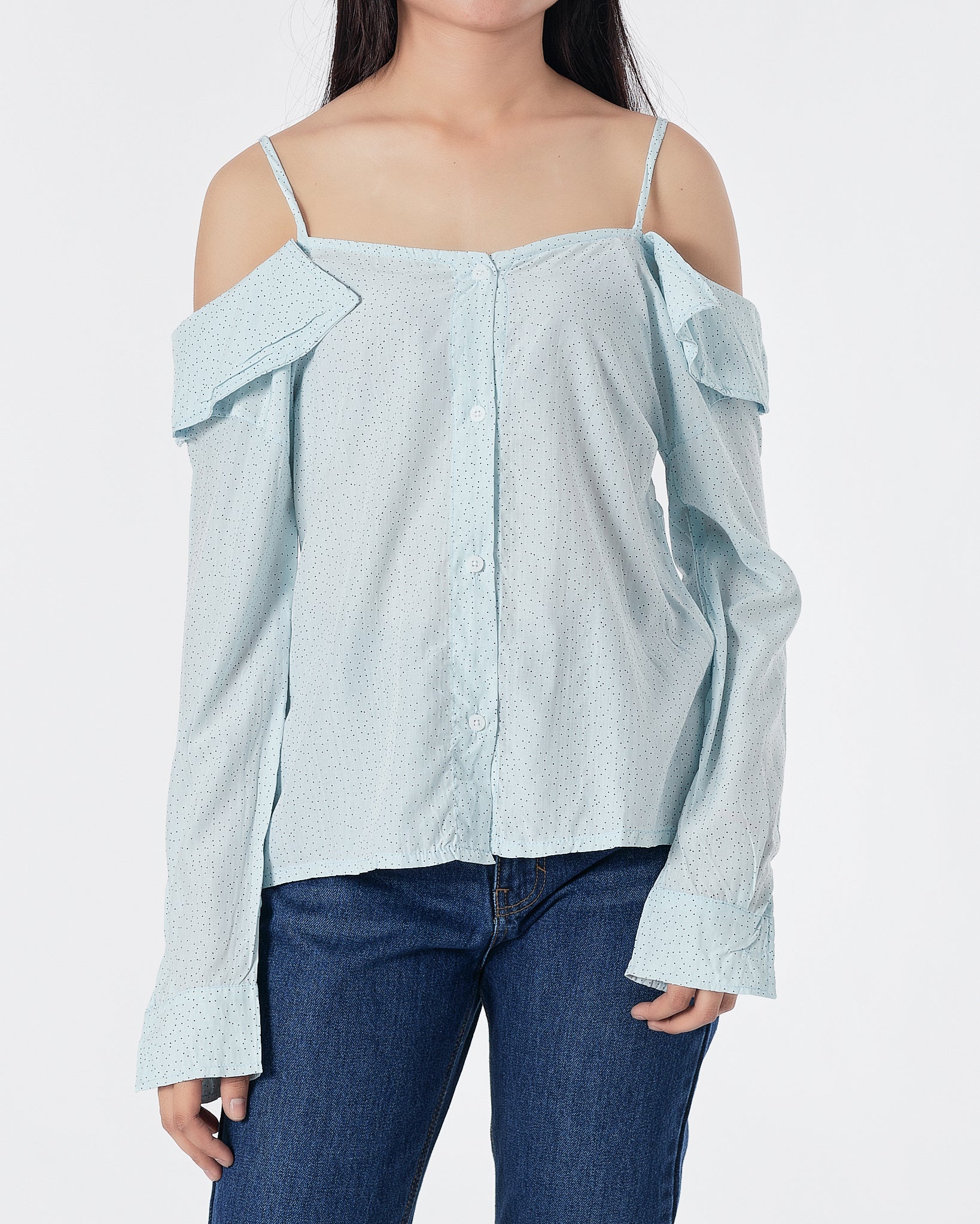 Dots Over Printed Light Blue Lady Shirts Long Sleeve 14.90