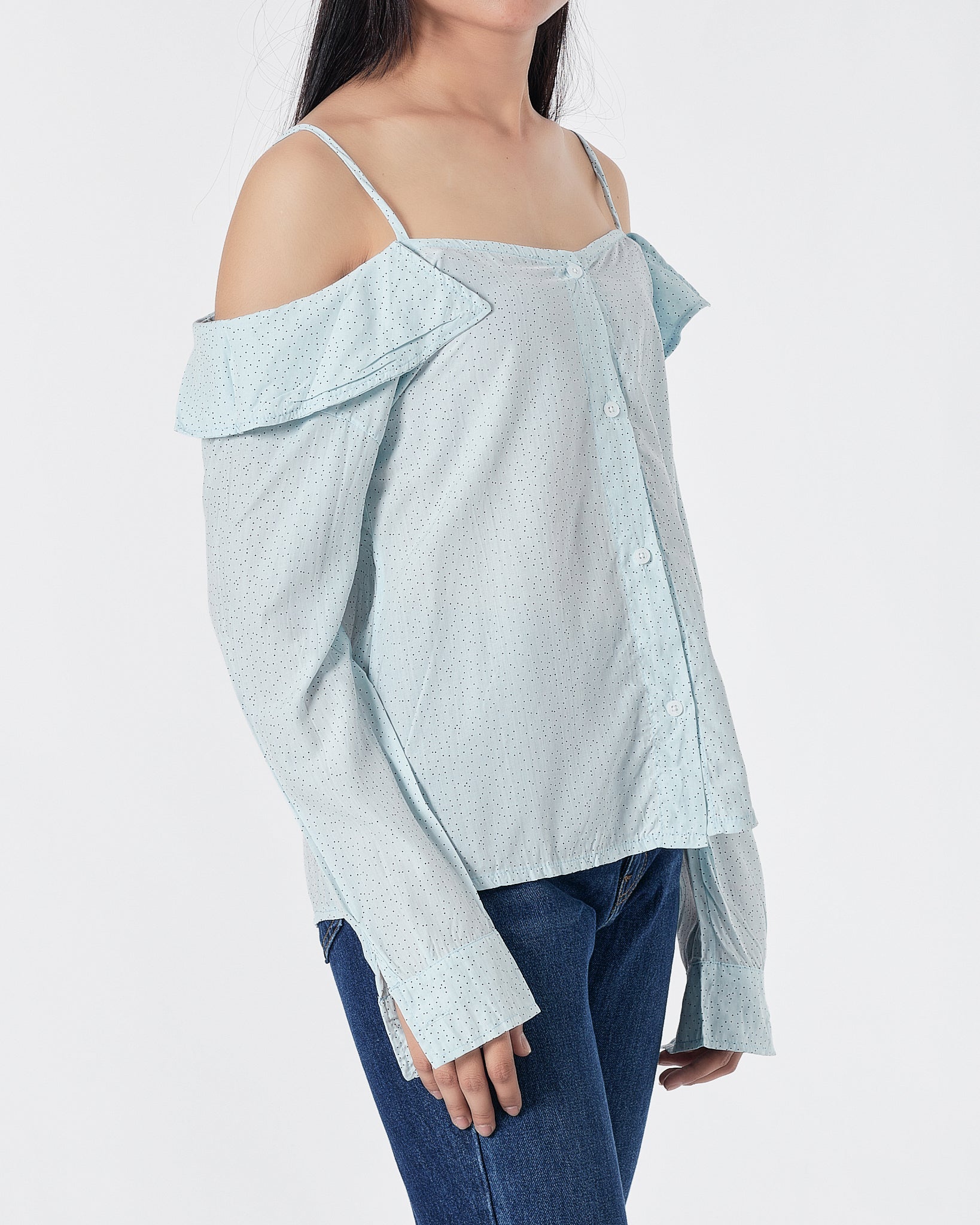 Dots Over Printed Light Blue Lady Shirts Long Sleeve 14.90