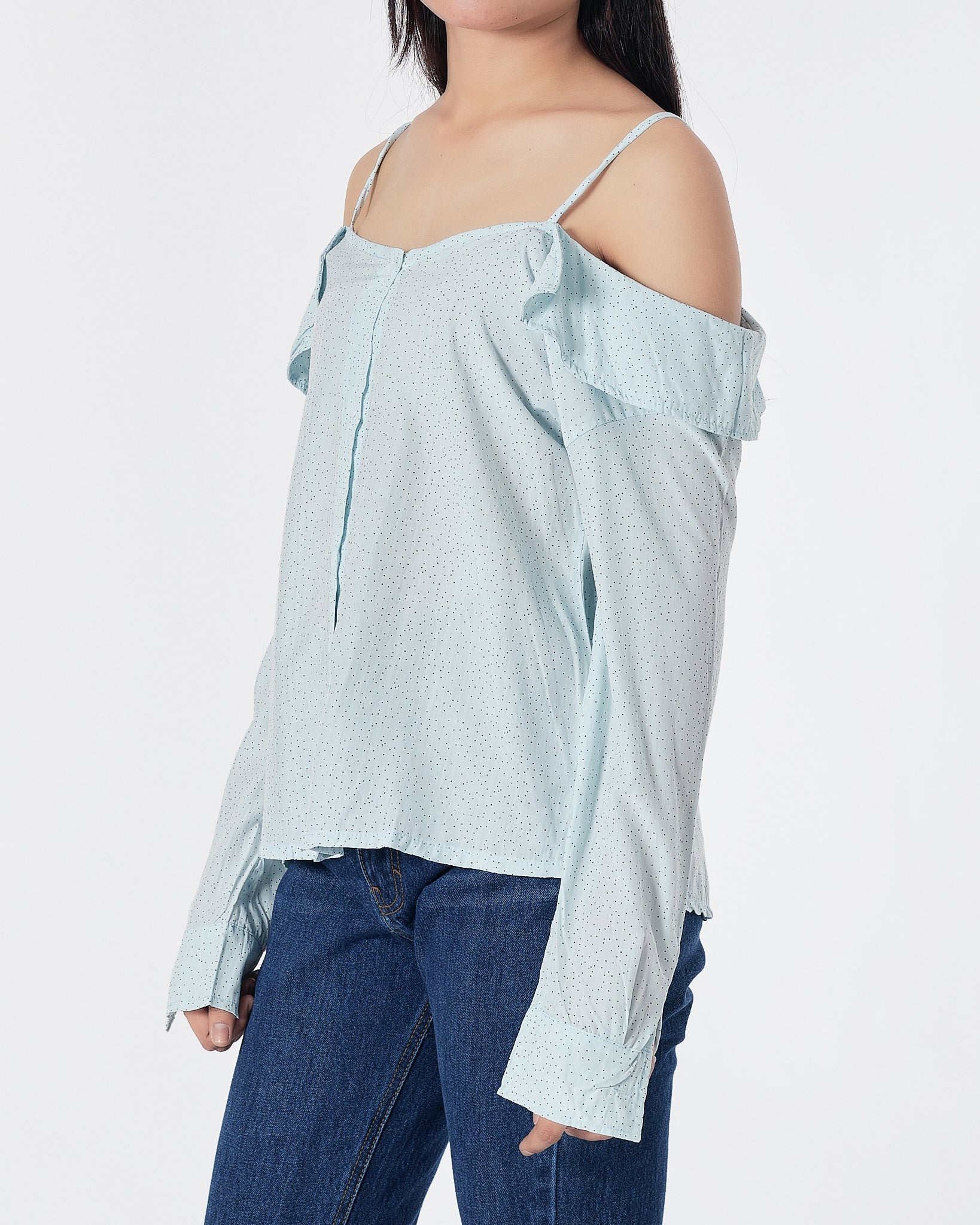 Dots Over Printed Light Blue Lady Shirts Long Sleeve 14.90