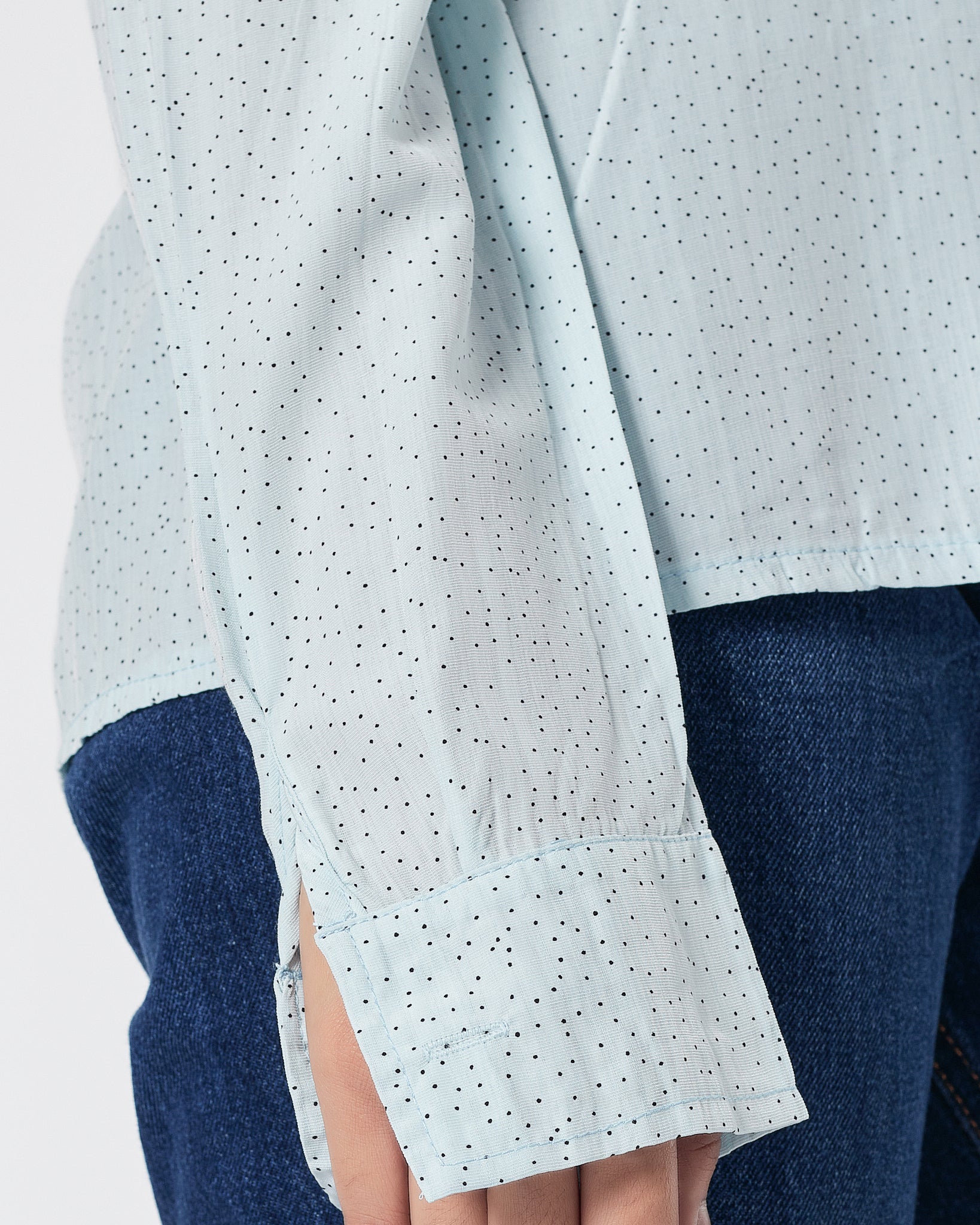 Dots Over Printed Light Blue Lady Shirts Long Sleeve 14.90