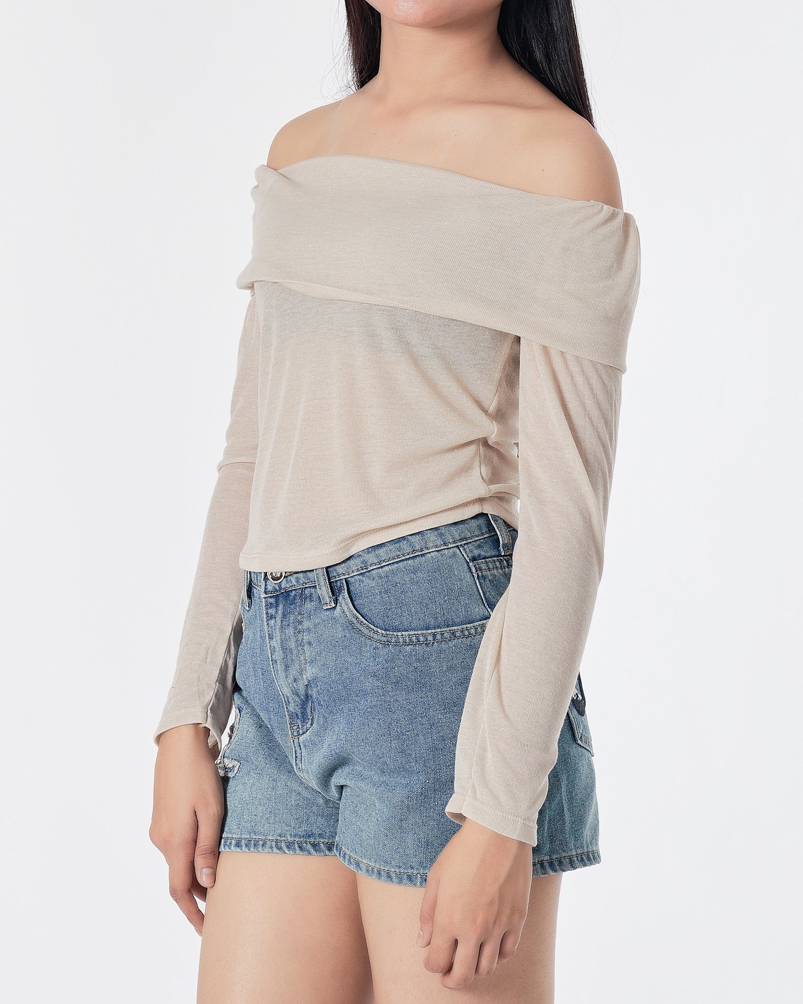 Off Shoulder Cream Lady T-Shirt Long Sleeve 13.90