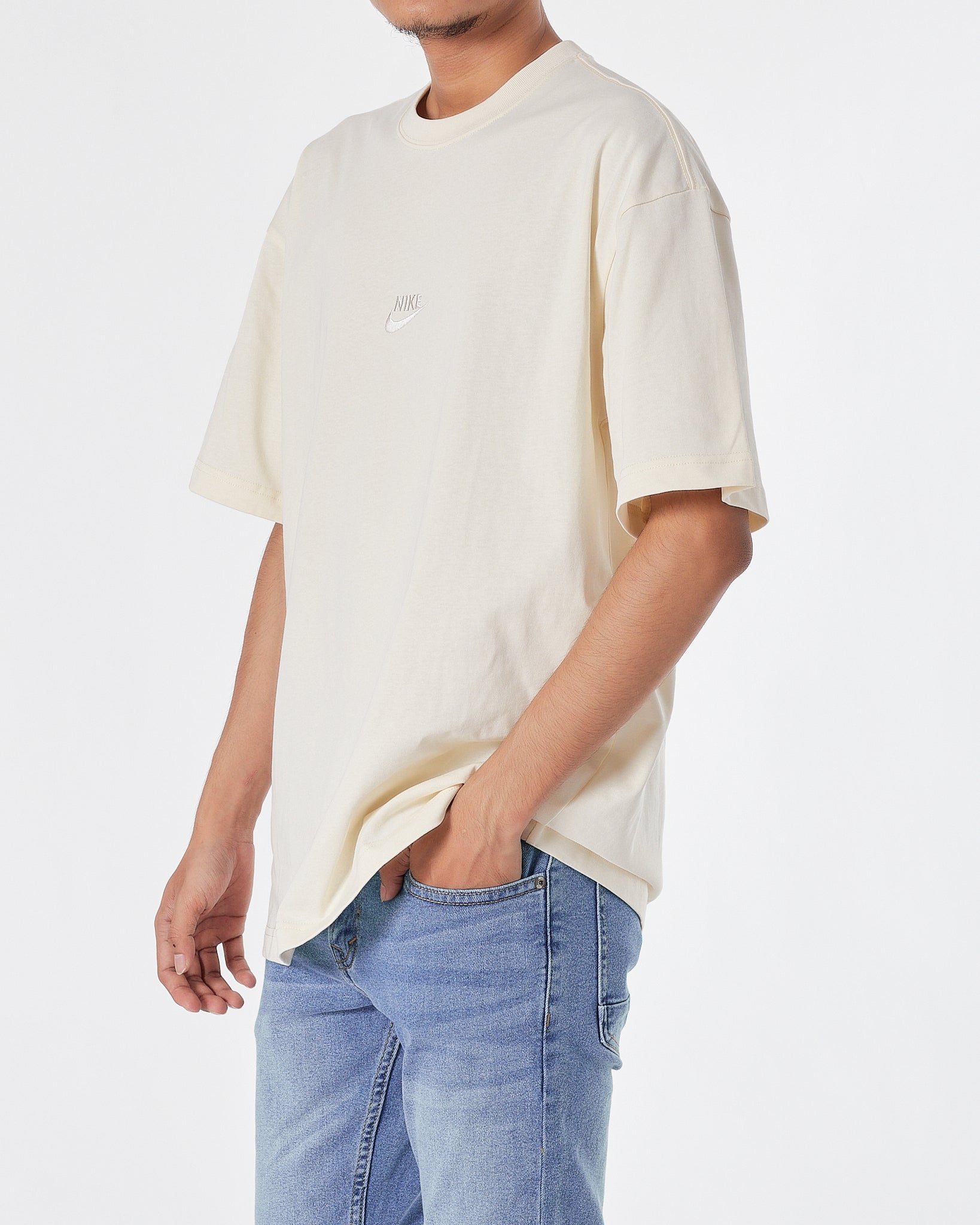NIK Logo Embroidered Men Cream T-Shirt 16.90