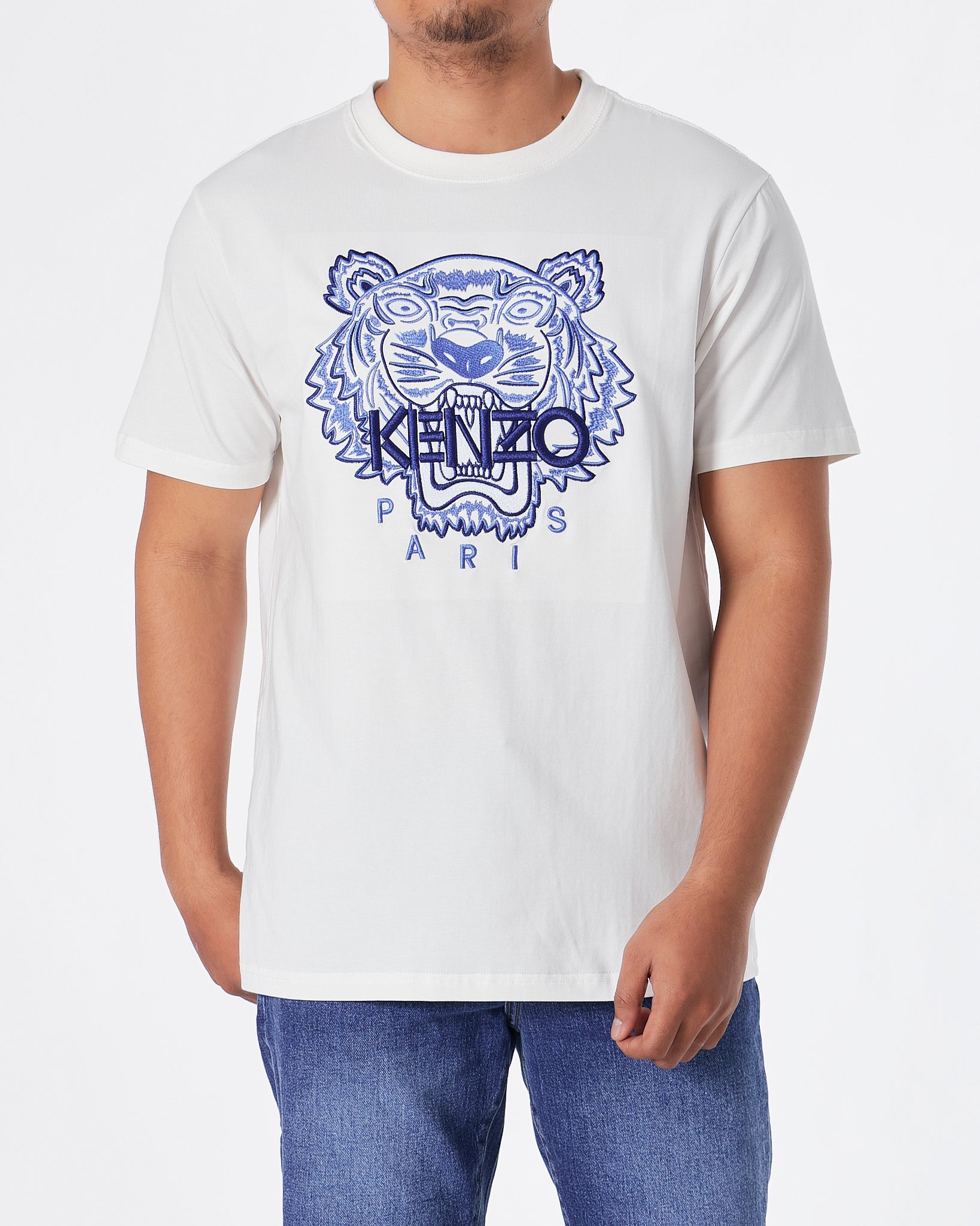 KEN Tiger Head Blue Embroidered Unisex White T-Shirt 23.90