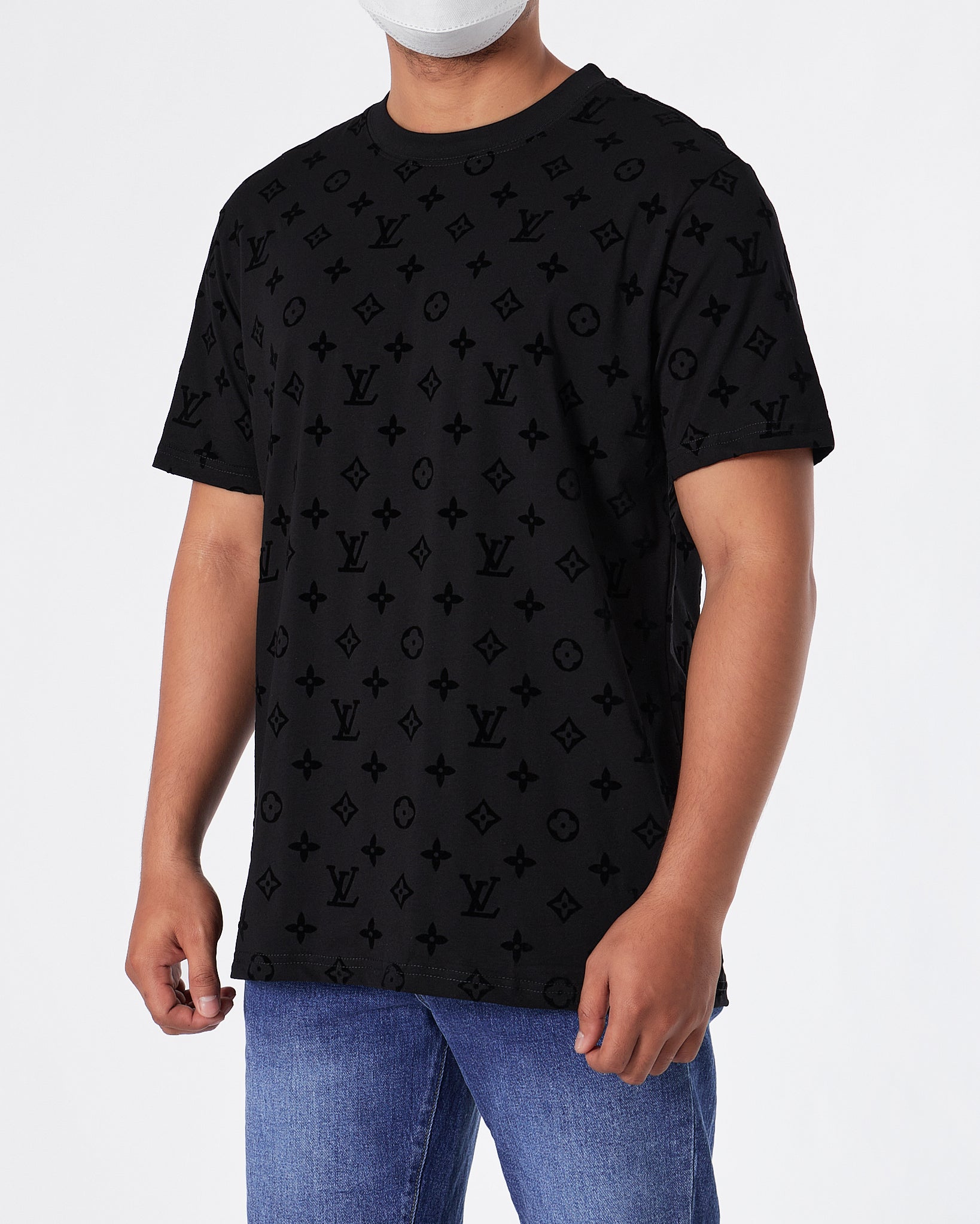 LV Monogram Embossed Over Printed Men Black T-Shirt 22.90