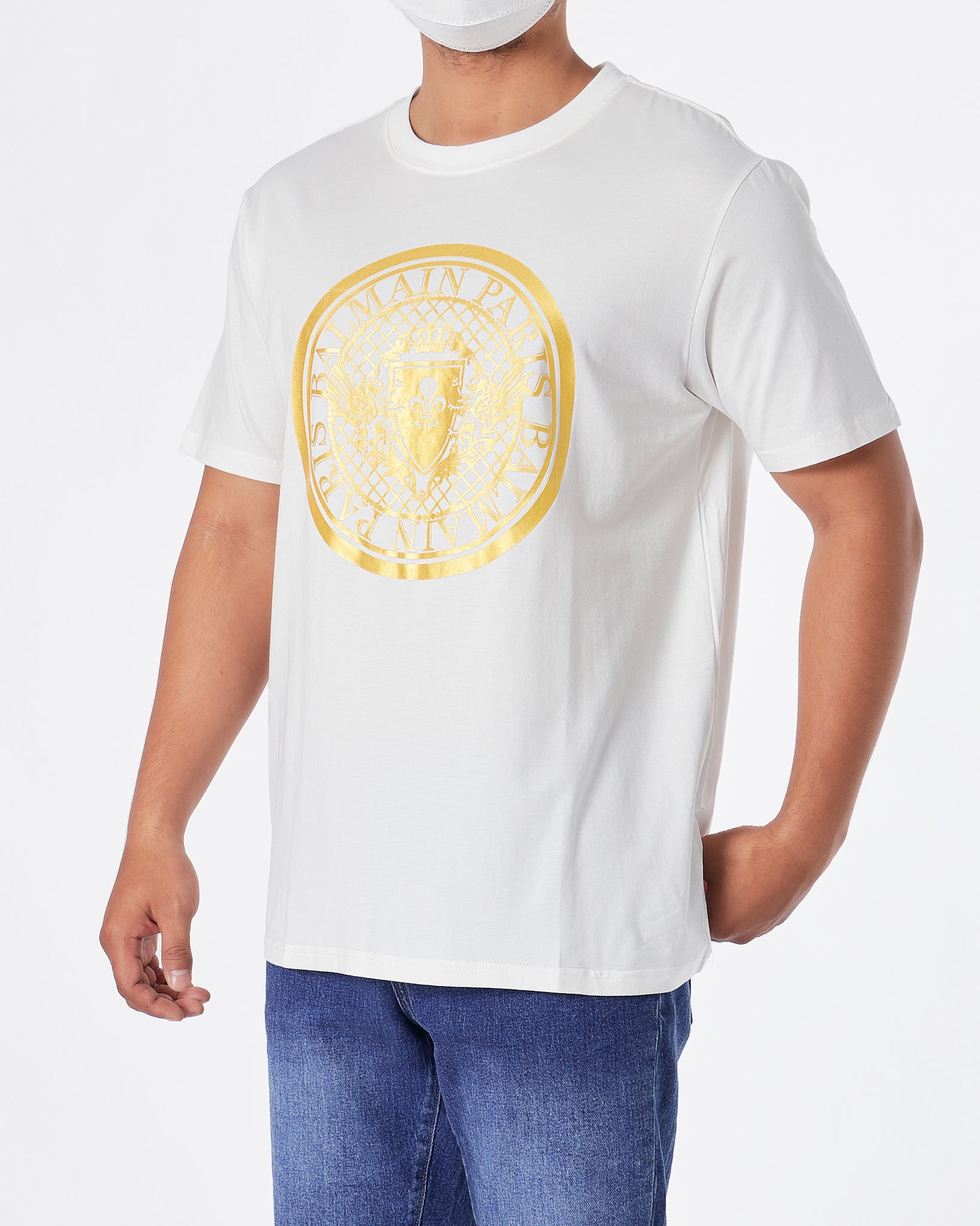 BAM Round Gold Printed Men White T-Shirt 20.90