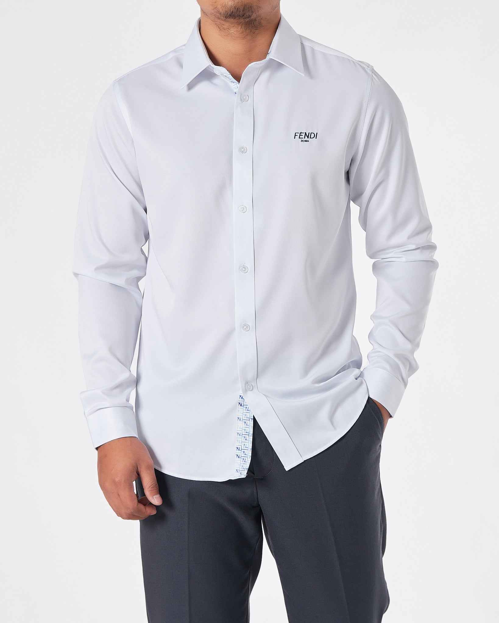 FEN Logo Embroidered Men White Shirts Long Sleeve 22.90