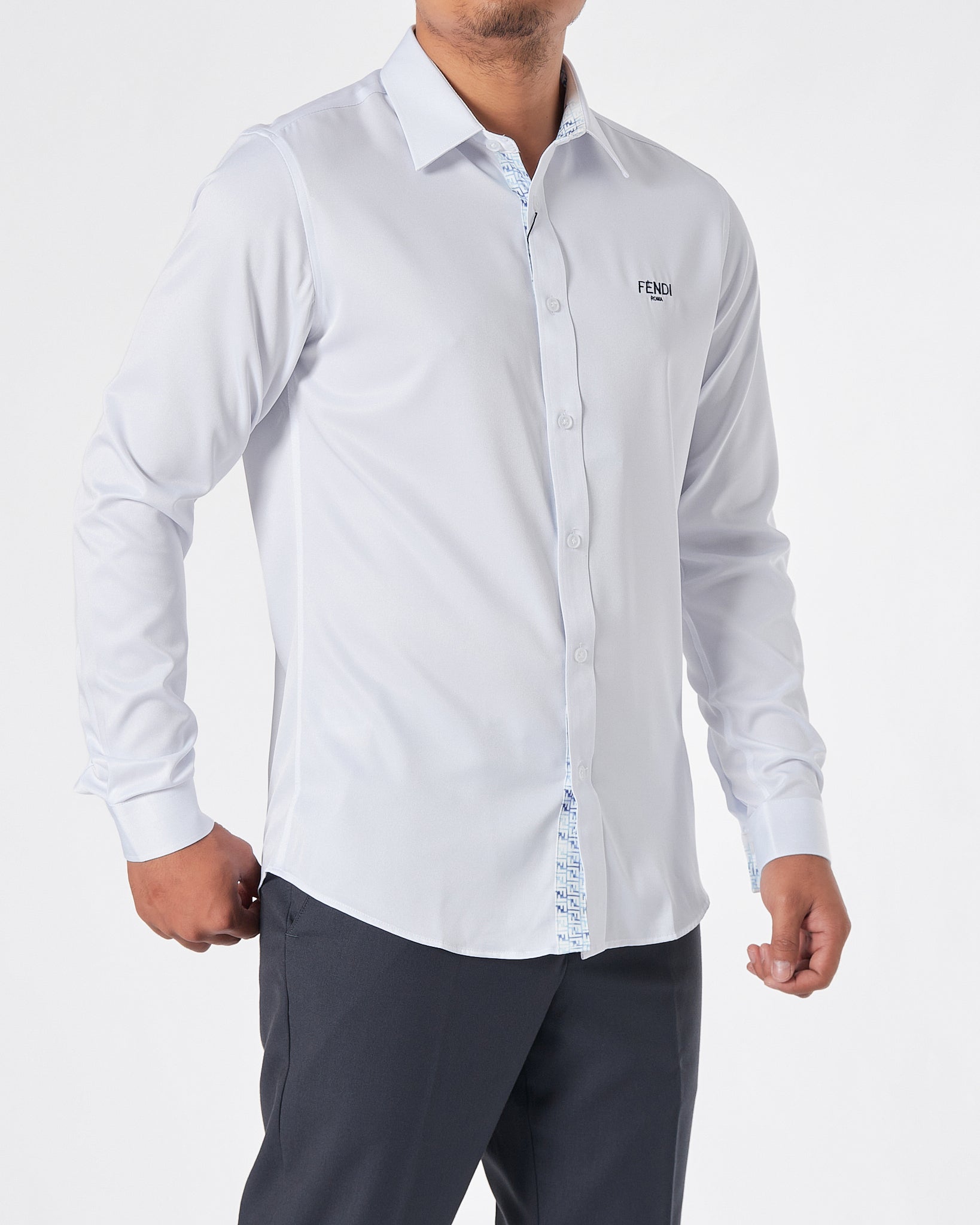 FEN Logo Embroidered Men White Shirts Long Sleeve 22.90