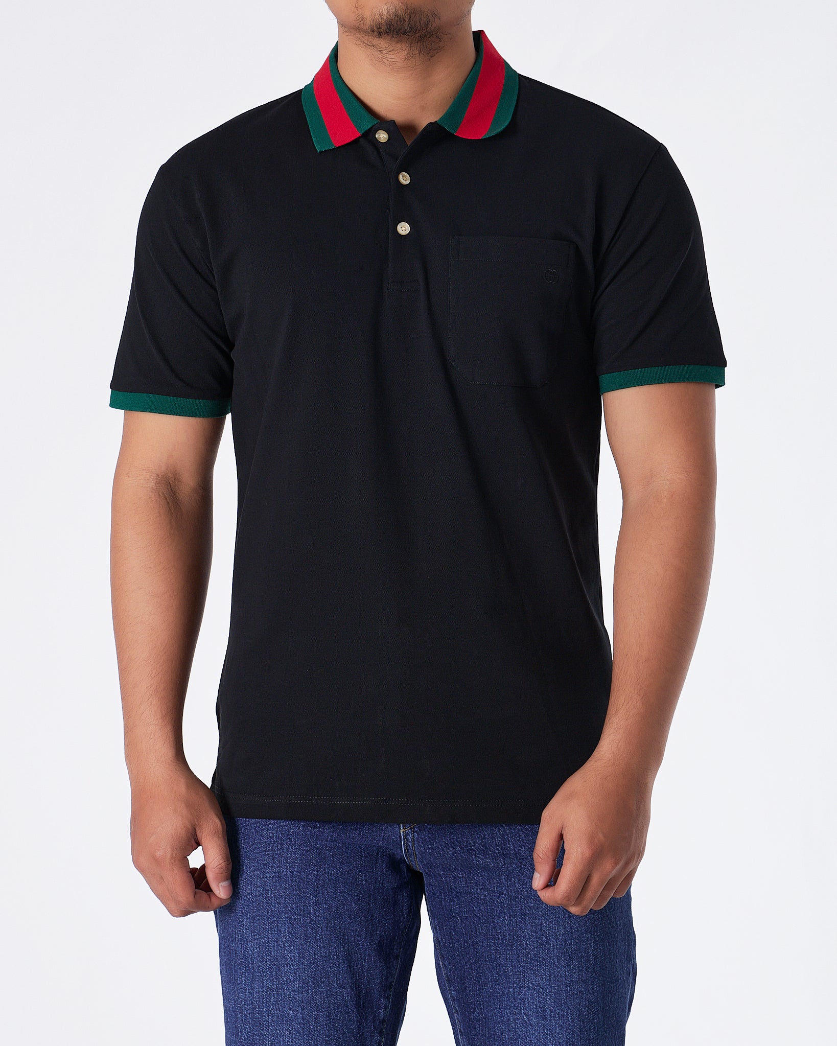 MOI OUTFIT-GUC Striped Collar Men Black Polo Shirt 64.90