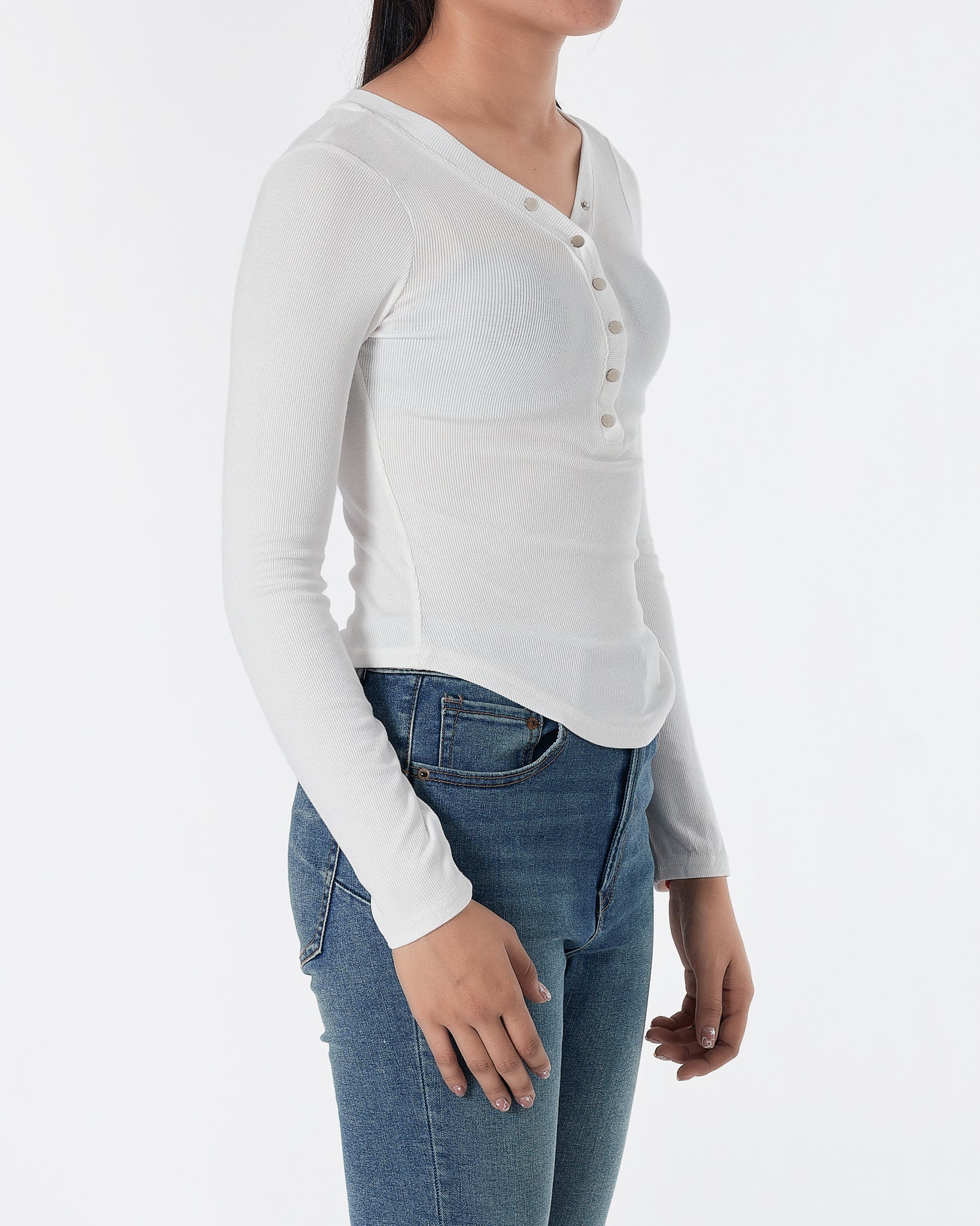 Lady V Neck White T-Shirt Long Sleeve 12.90