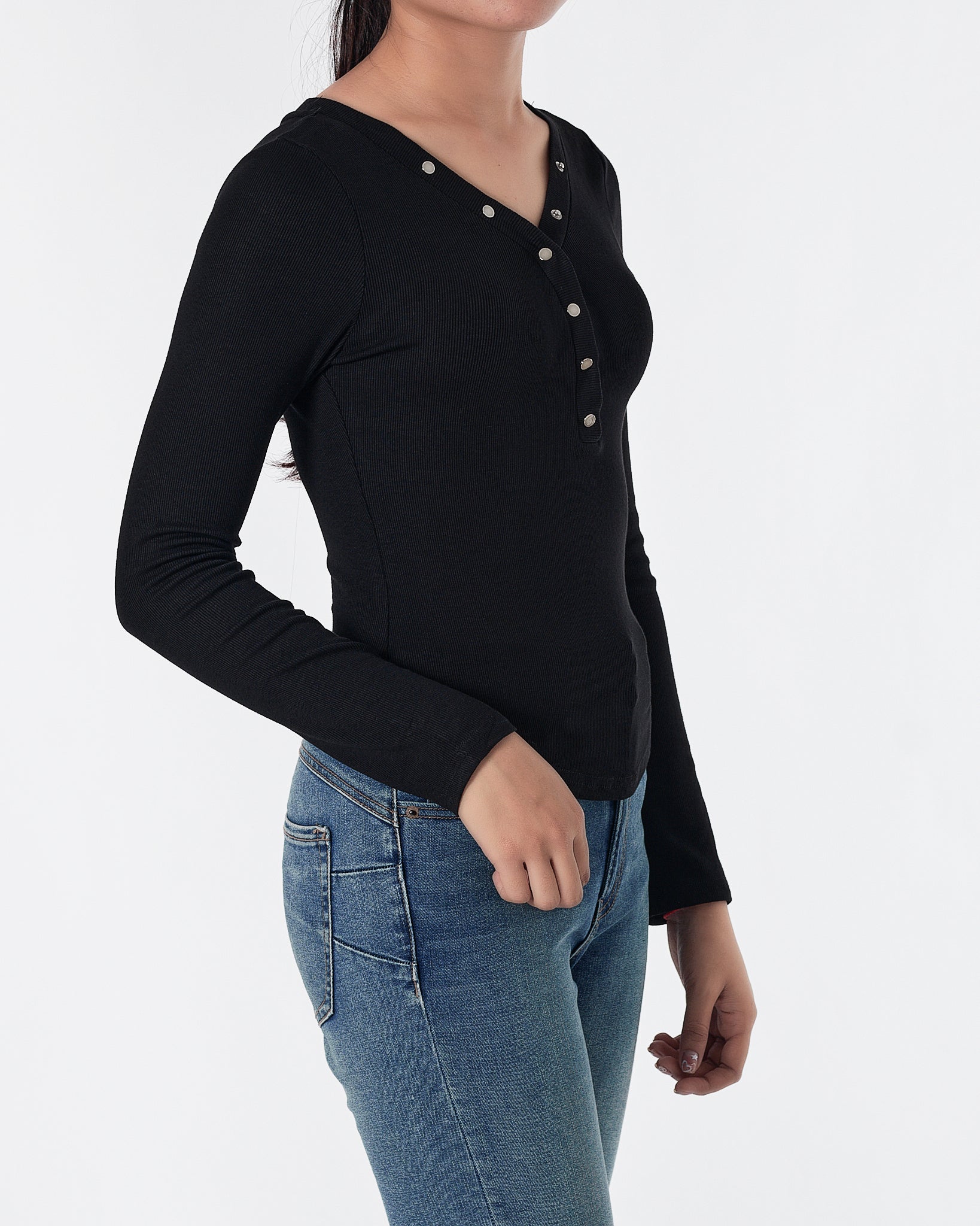 Lady V Neck Black T-Shirt Long Sleeve 12.90