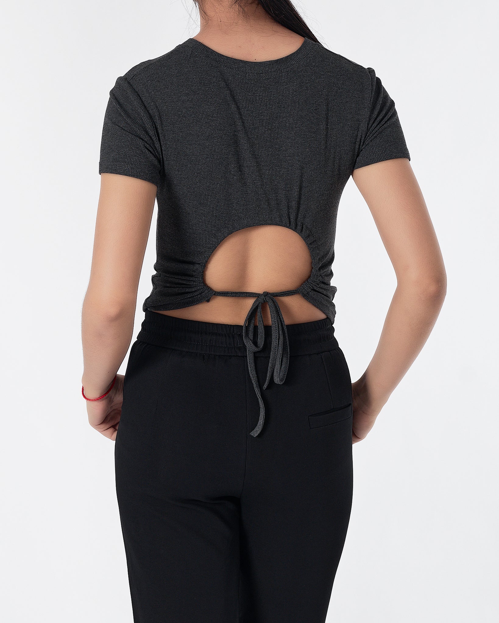 Plain Color Side String  Lady Black T-Shirt 10.90