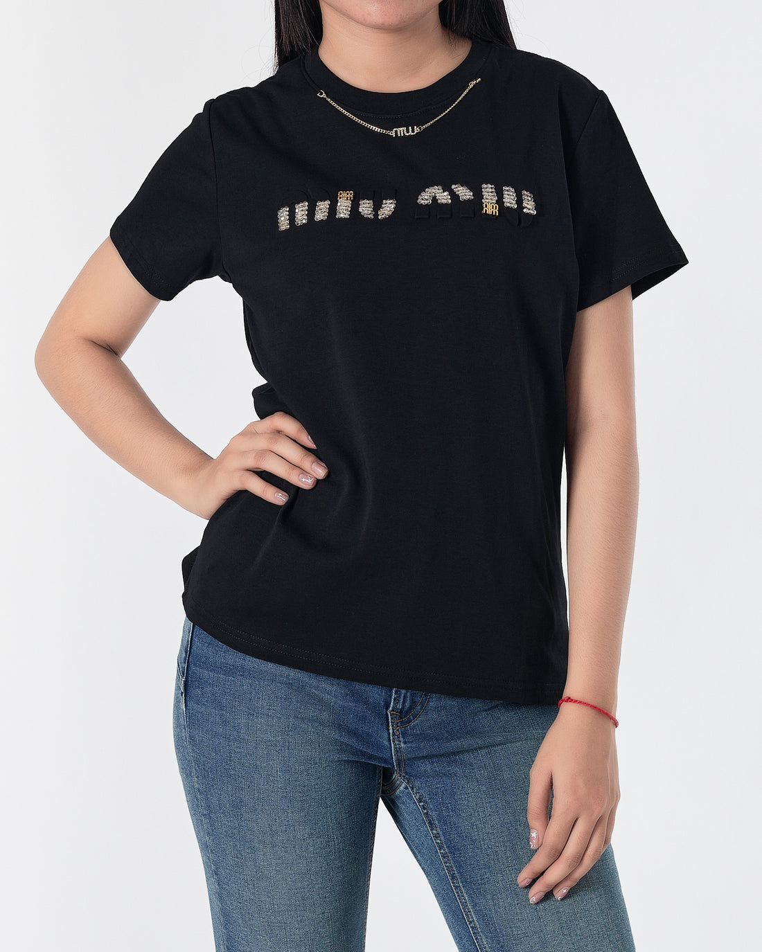 MIU Rhinestone Neck Chain Lady Black T-Shirt 27.90