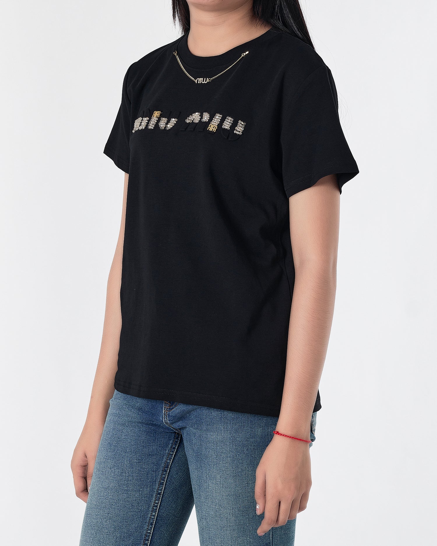 MIU Rhinestone Neck Chain Lady Black T-Shirt 27.90