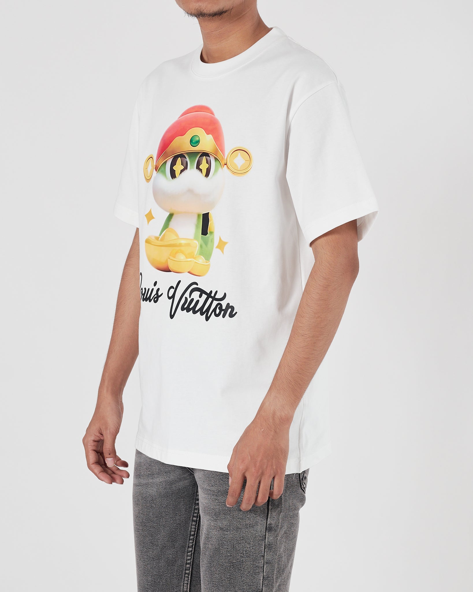 LV Snake Cartoon Printed Men White T-Shirt 21.90