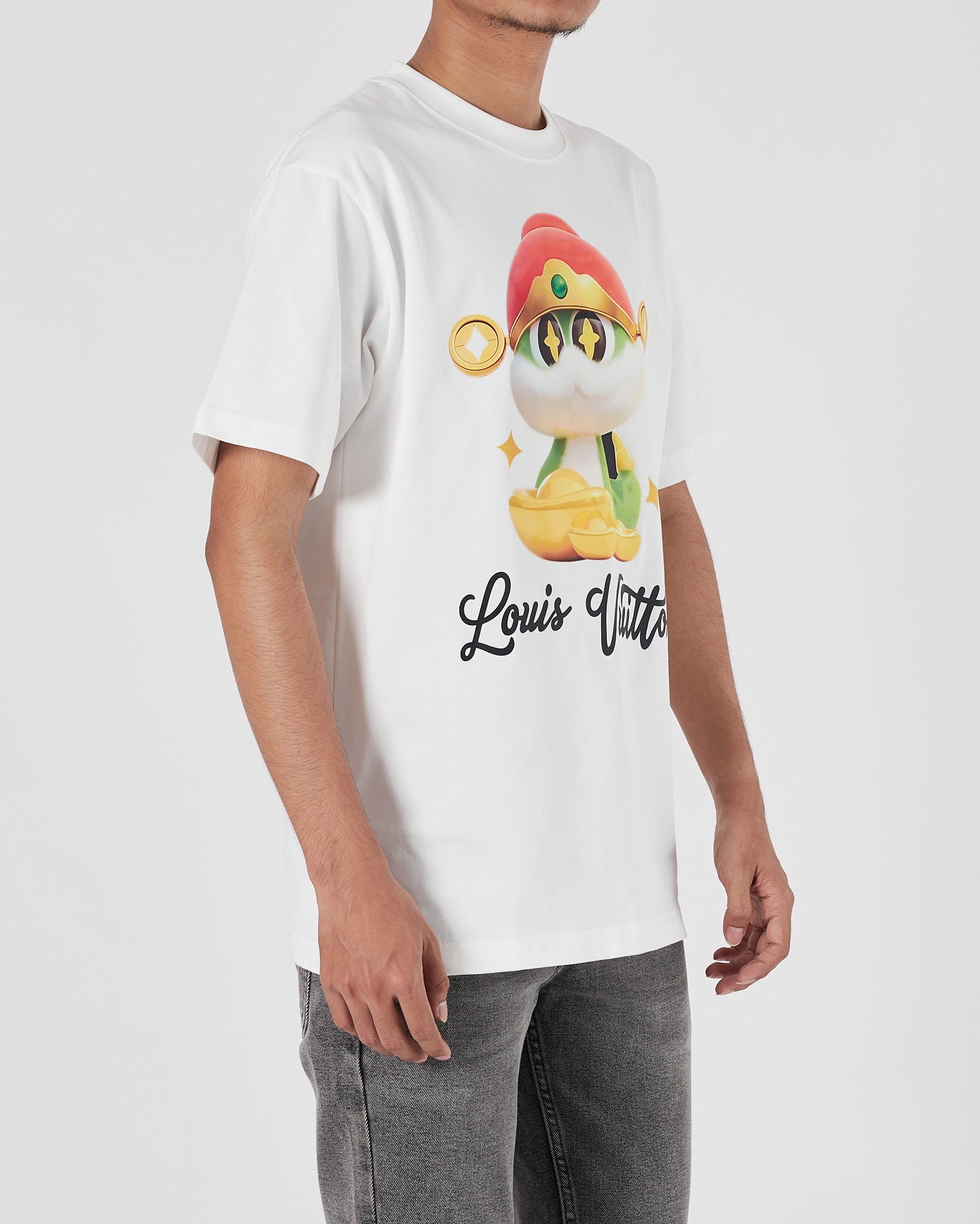 LV Snake Cartoon Printed Men White T-Shirt 21.90