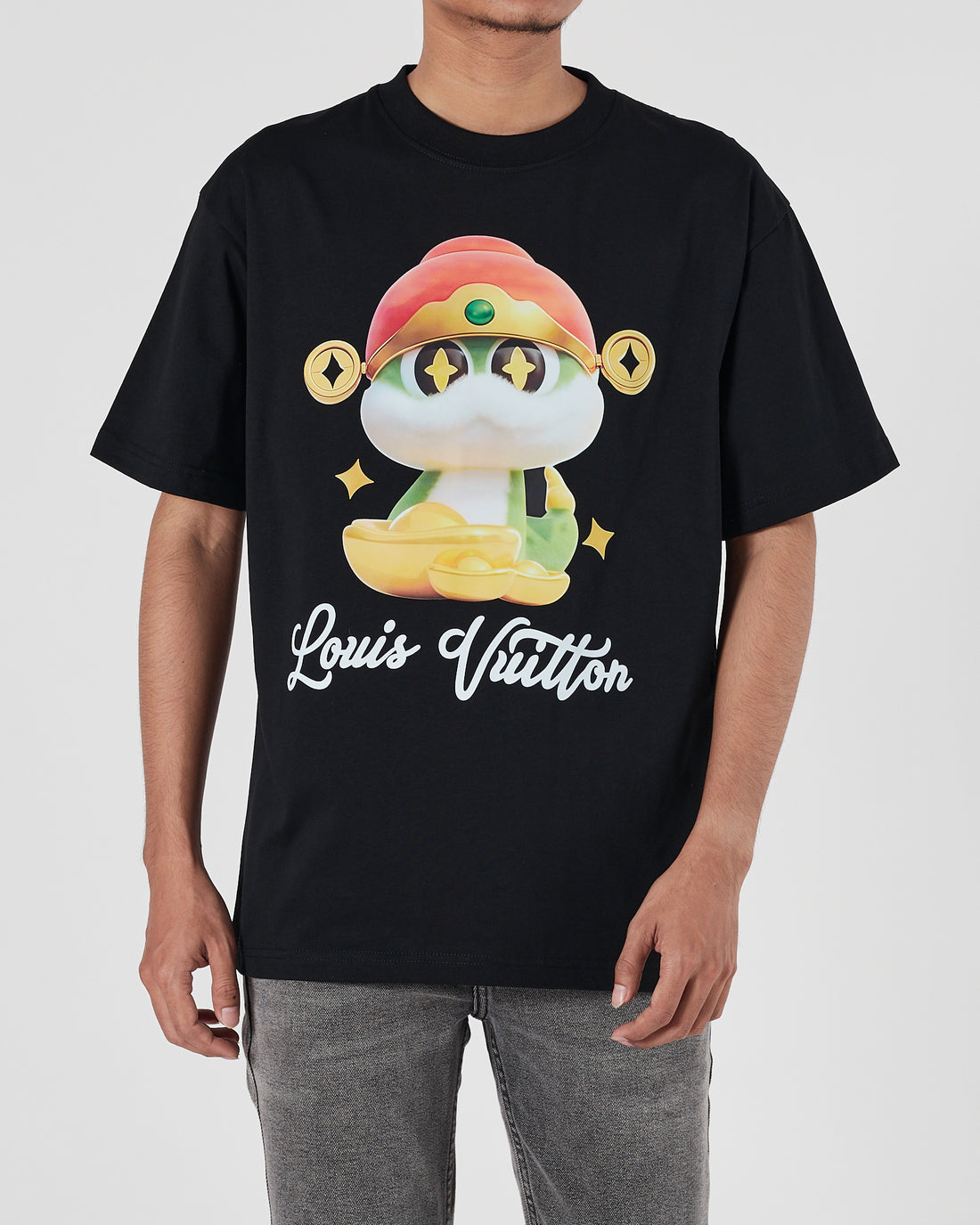 LV Snake Cartoon Printed Men Black T-Shirt 21.90
