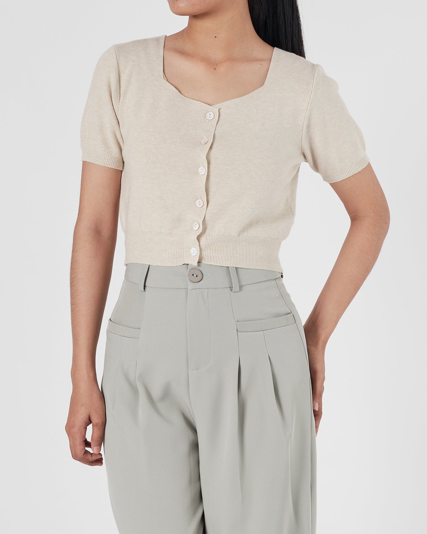 Square Neck Front Button Lady Cream Crop Top 14.90