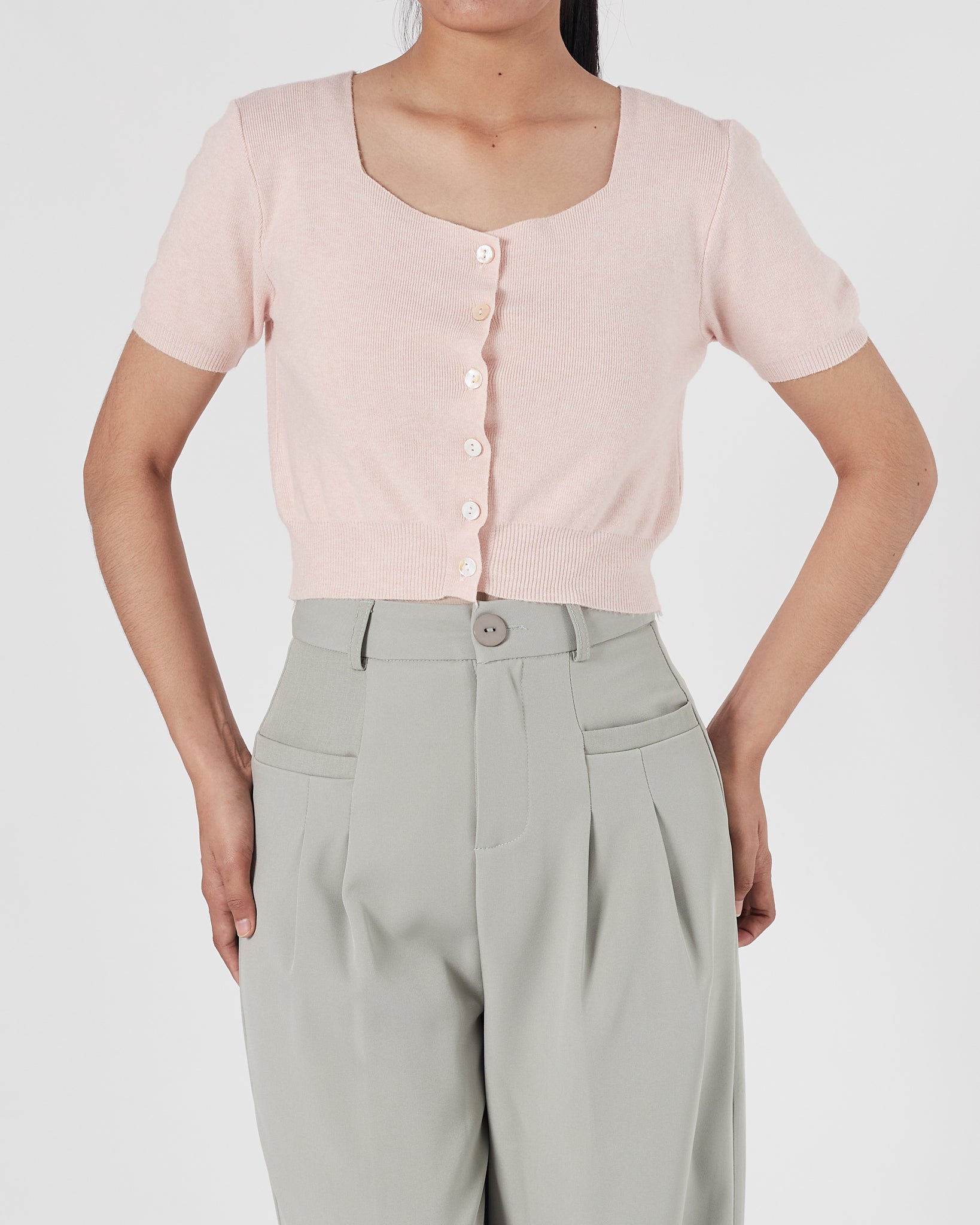 Square Neck Front Button Lady Pink Crop Top 14.90