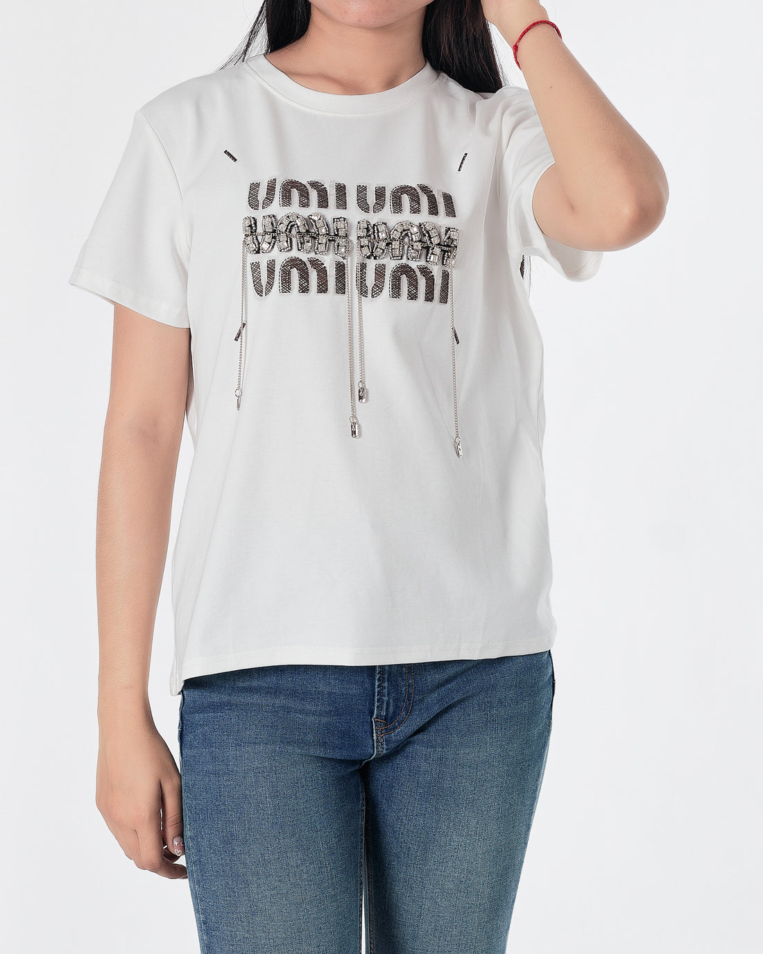 MIU Rhinestone Dripping Chain Lady White T-Shirt 28.90