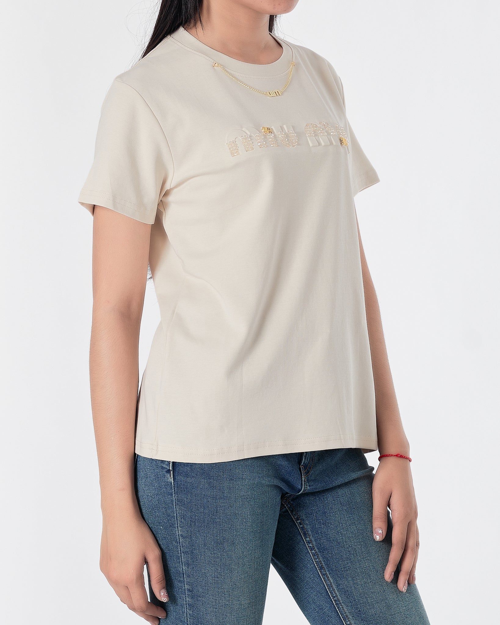 MIU Rhinestone Neck Chain Lady Cream  T-Shirt 27.90