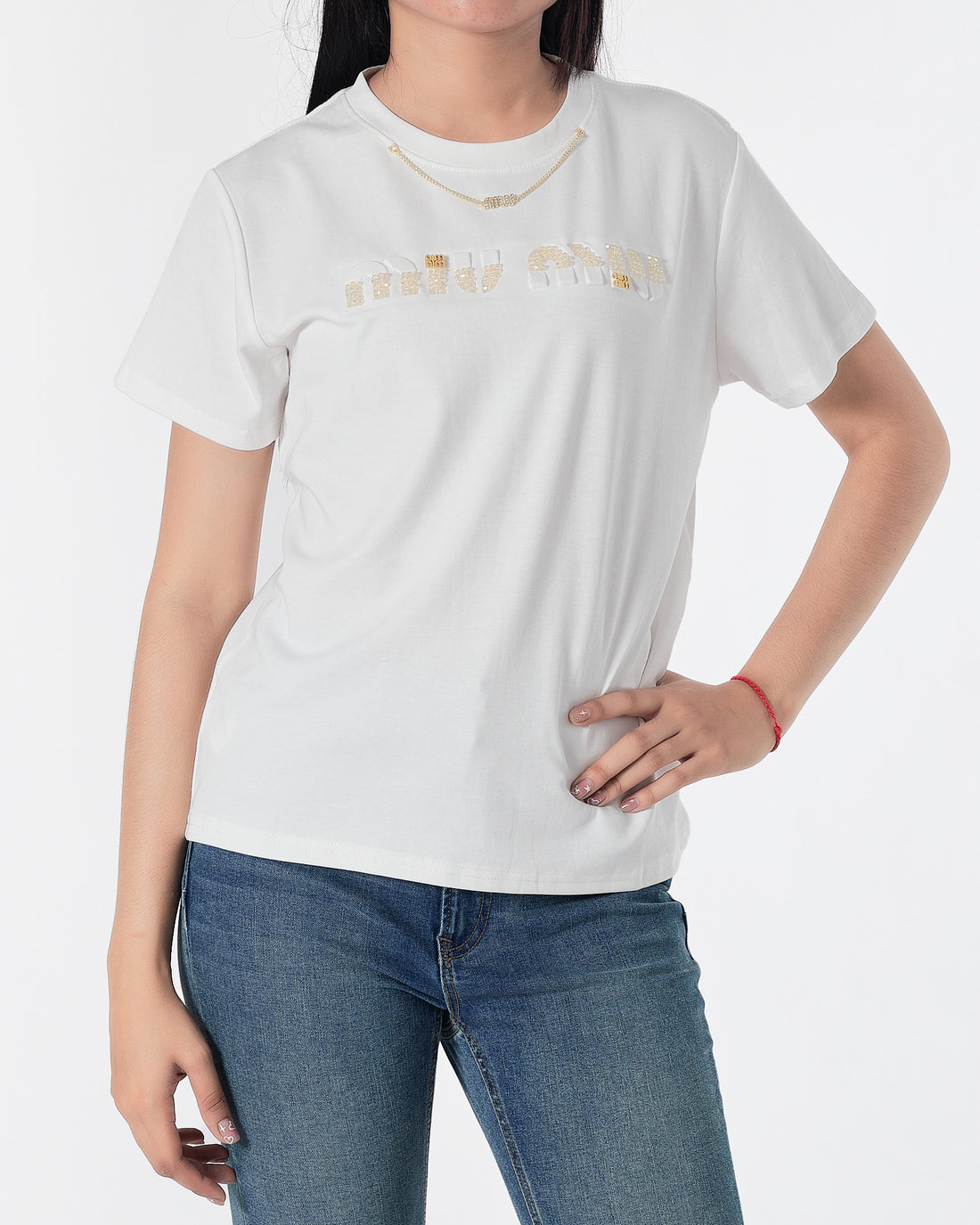 MIU Rhinestone Neck Chain Lady White T-Shirt 27.90