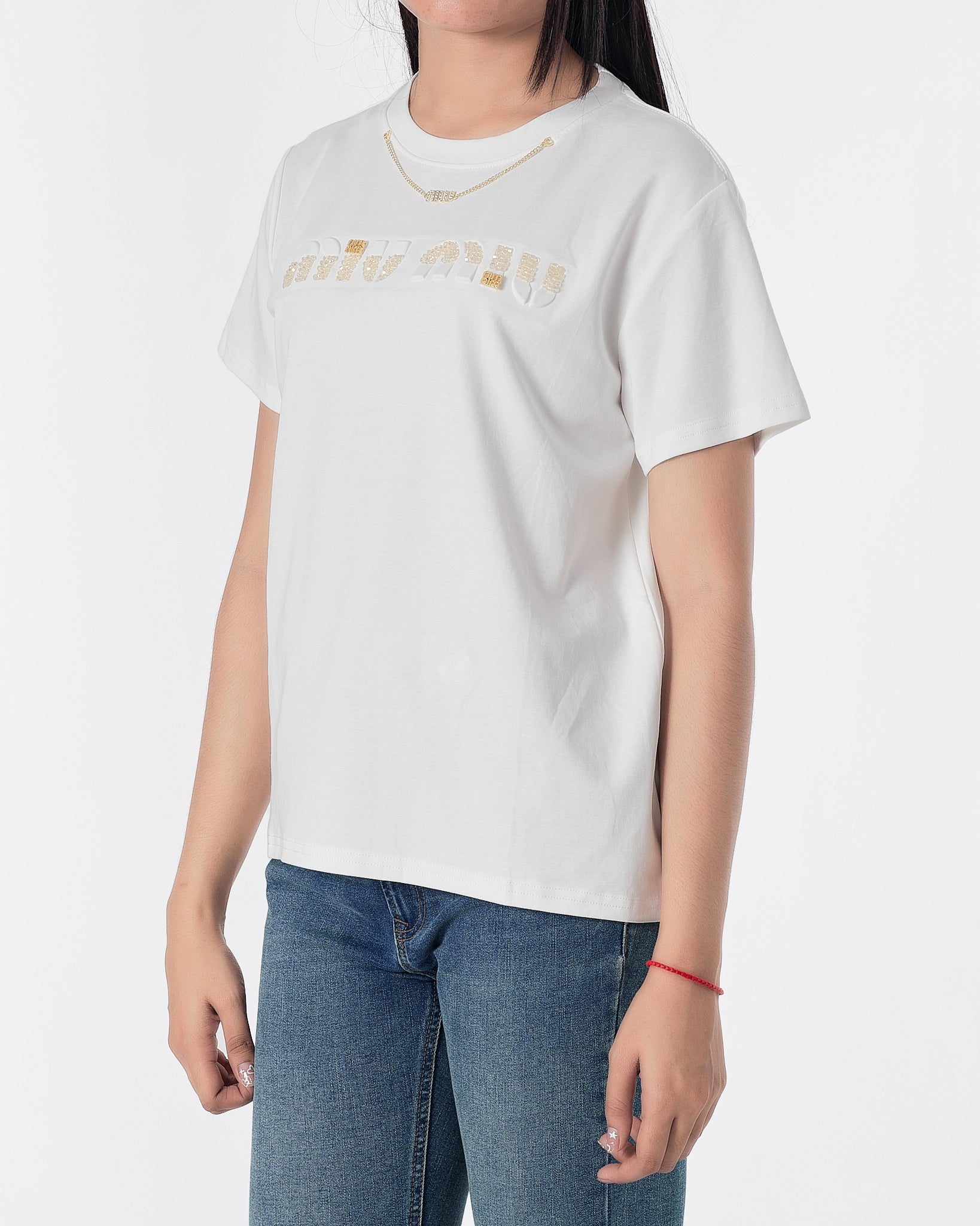 MIU Rhinestone Neck Chain Lady White T-Shirt 27.90