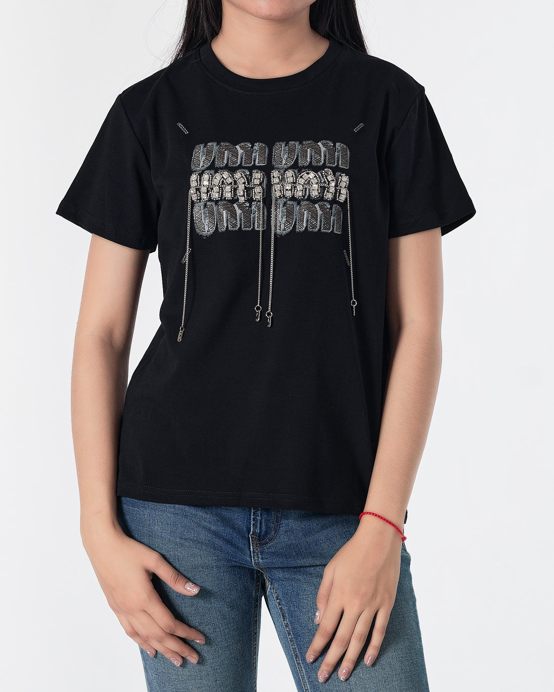 MIU Rhinestone Dripping Chain Lady Black T-Shirt 28.90