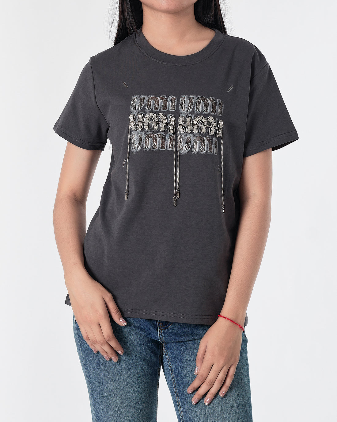 MIU Rhinestone Dripping Chain Lady Grey T-Shirt 28.90
