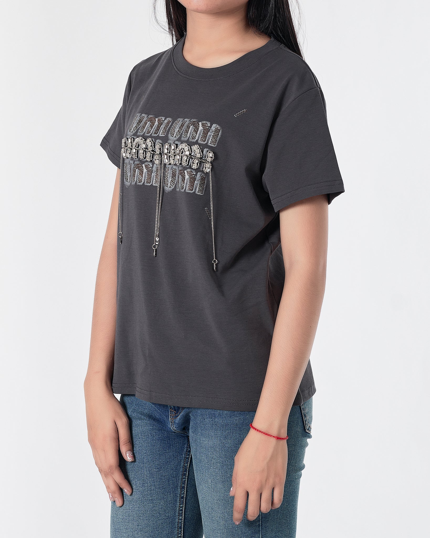 MIU Rhinestone Dripping Chain Lady Grey T-Shirt 28.90