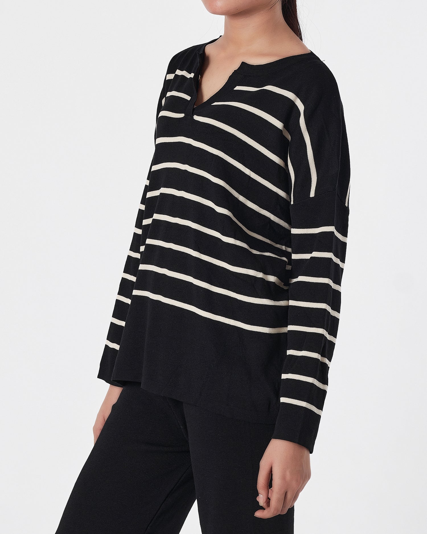 Lady Black Striped Knit Top + Pants 2 Piece Outfit 25.90