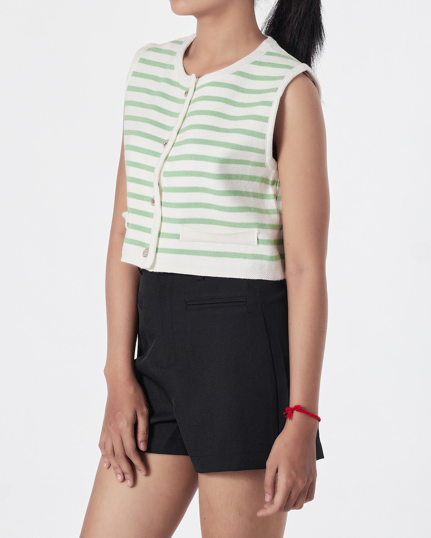 Striped Lady Front Button Green  Crop Top 15.90