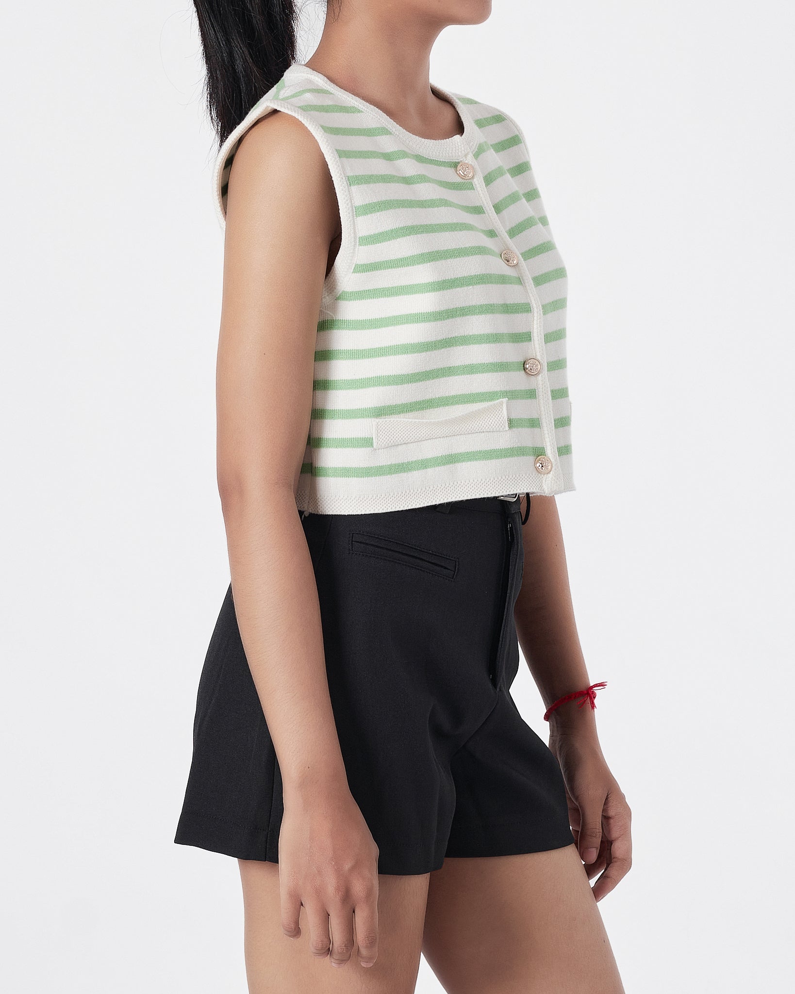 Striped Lady Front Button Green  Crop Top 15.90