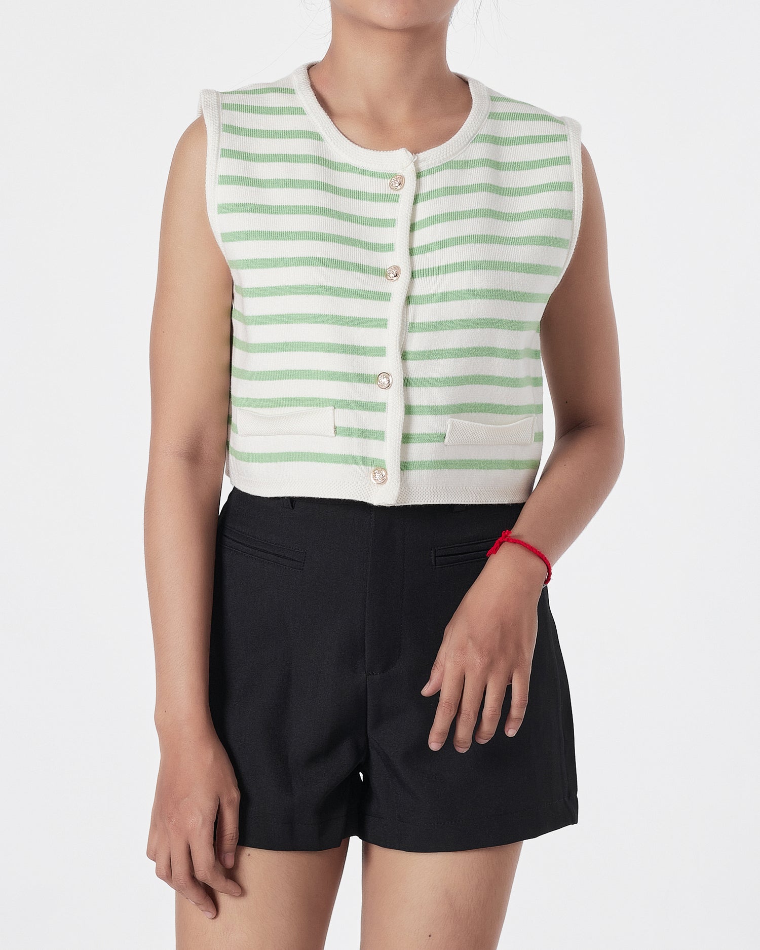 Striped Lady Front Button Green  Crop Top 15.90