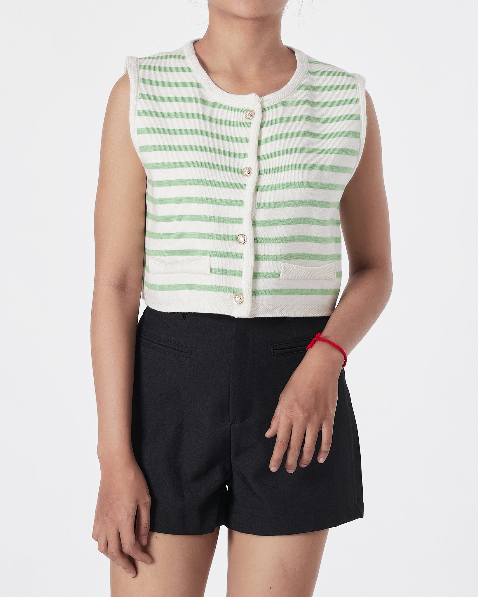 Striped Lady Front Button Green  Crop Top 15.90