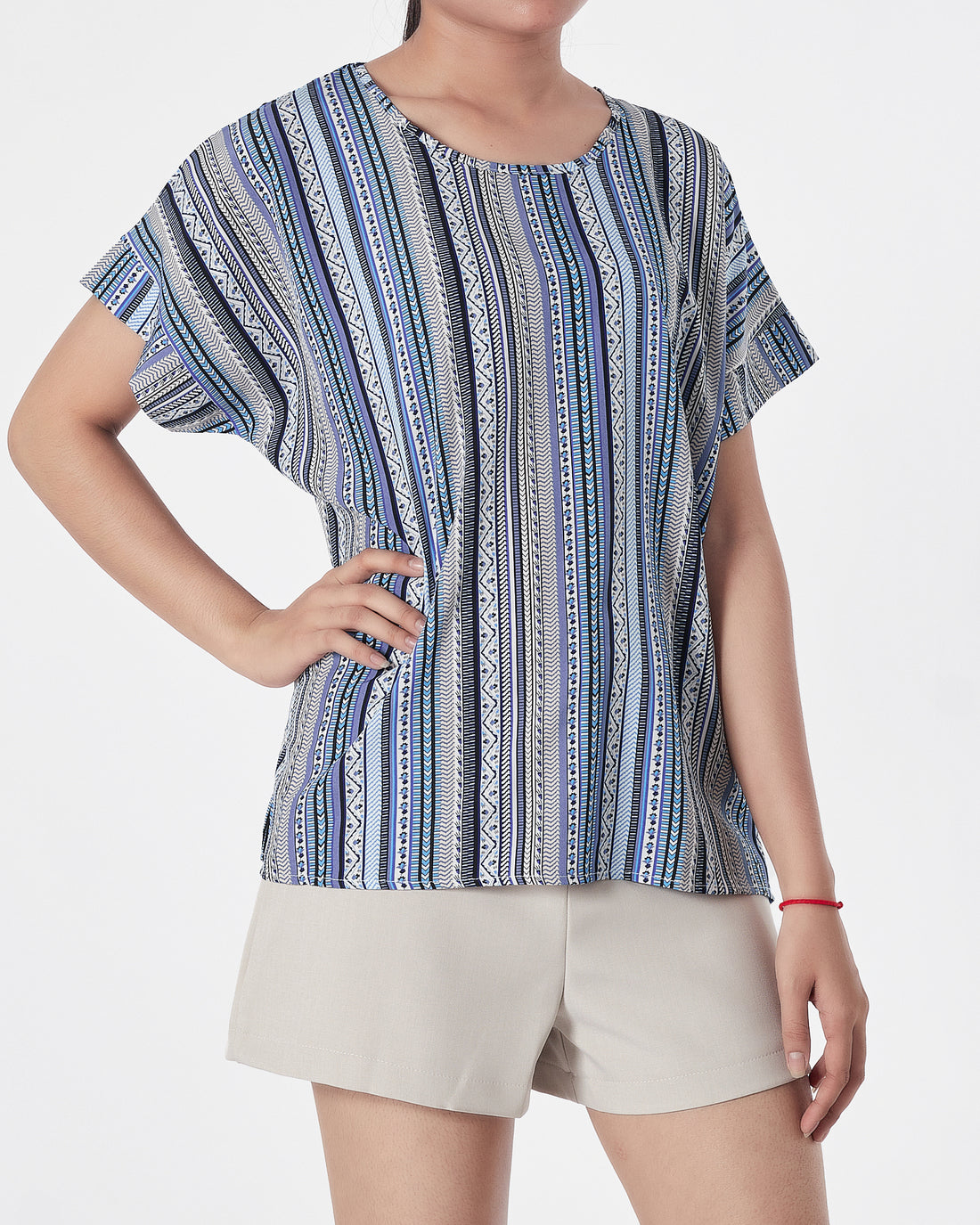 Striped Over Printed Lady Shirts Short Sleeve 12.90