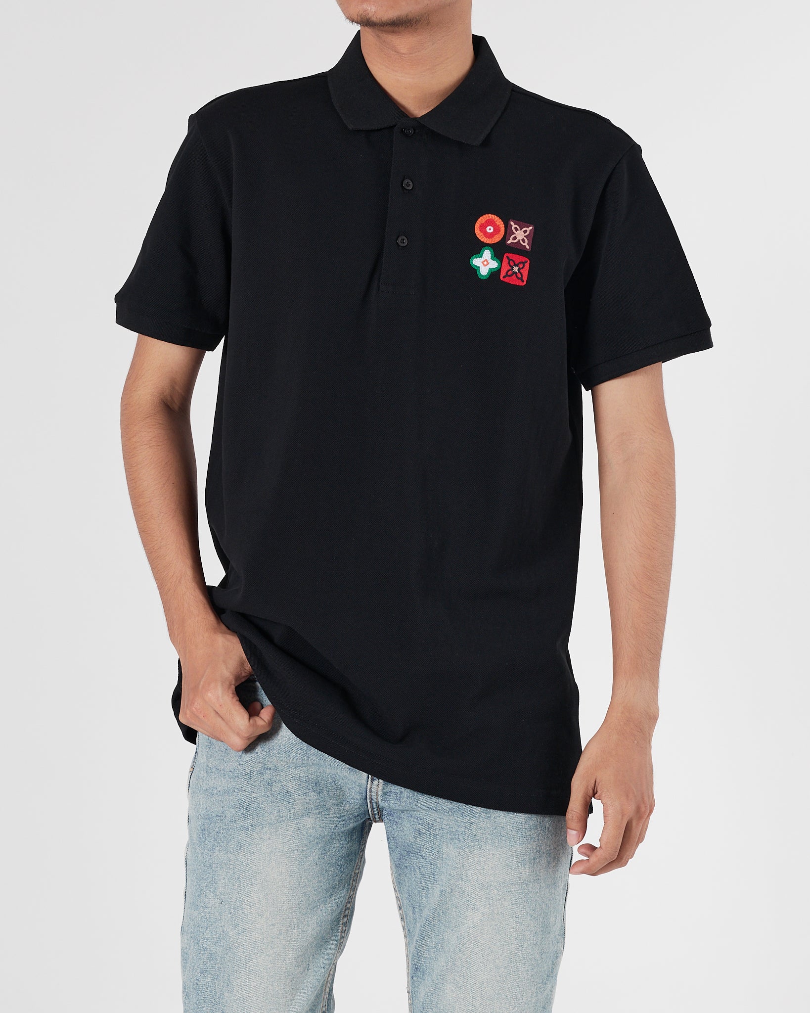 LV Monogram Emboidered Men Black Polo Shirt 22.90