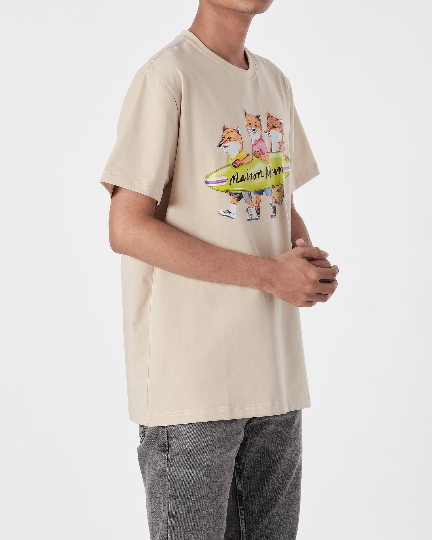 MKI Fox Cartoon Printed Men Cream T-Shirt 15.90