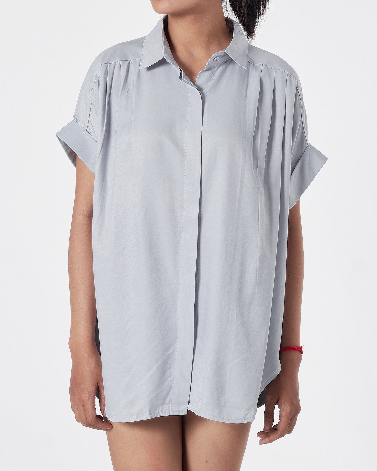 Satin Silk Lady Light Blue Shirts Short Sleeve 15.90